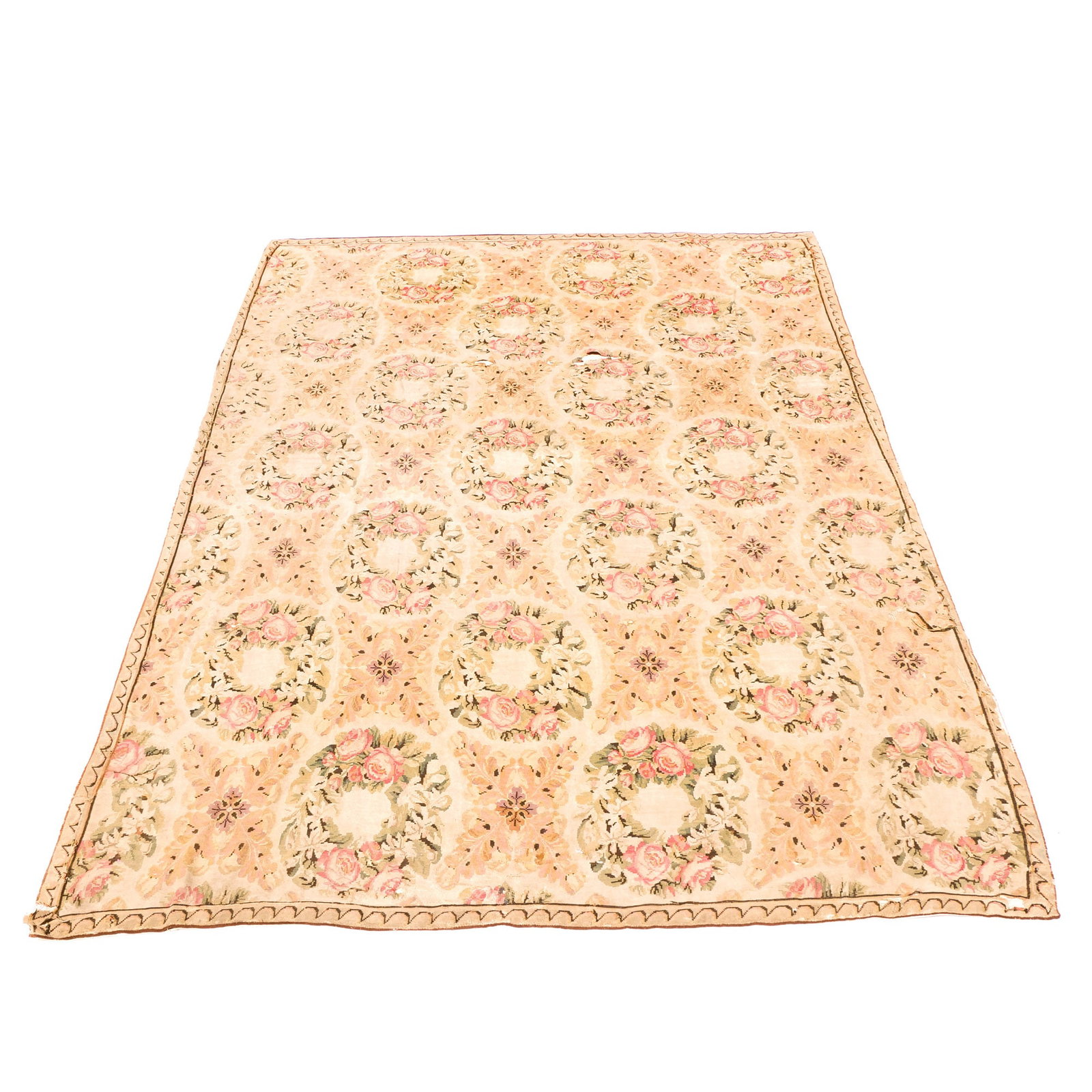 ANTIQUE BESSARABIAN KILIM CARPET: 18th / early 19th century, with floral wreath pattern on a white ground h. 15 ft. 10 in. w. 10 ft. 6 in. Provenance: Consigned by prominent Bedford, N.Y. estate