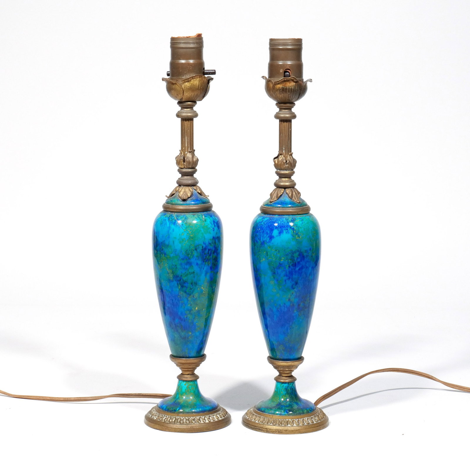 PAIR PAUL MILET for SEVRES ART POTTERY VASES: Featuring a distinct blue and green flambe glaze with bronze mounts, now mounted as lamps h. 13-1/2 w. 3-1/2 in. overall: 15 x 3-1/2 Provenance: The estate of Richard and Jean M. Bergstresser, owner