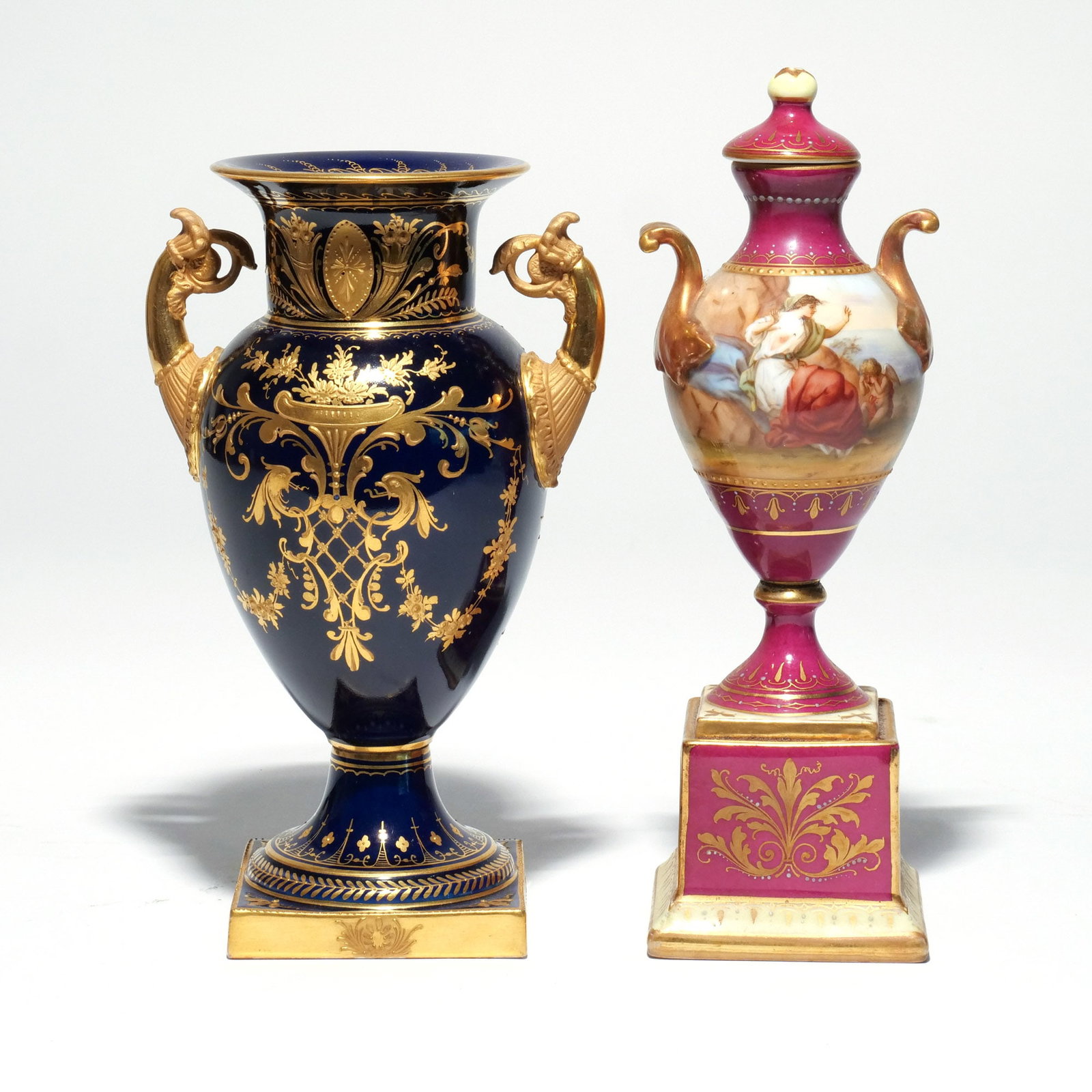 (2pc) KPM PORCELAIN PORTRAIT VASE AND OTHER: Cobalt blue ground with raised gilt decoration, plus a Royal Vienna porcelain vase and cover h. 7-1/2 w. 4-1/2 in. Provenance: The estate of Richard and Jean M. Bergstresser, owner of the Laurence