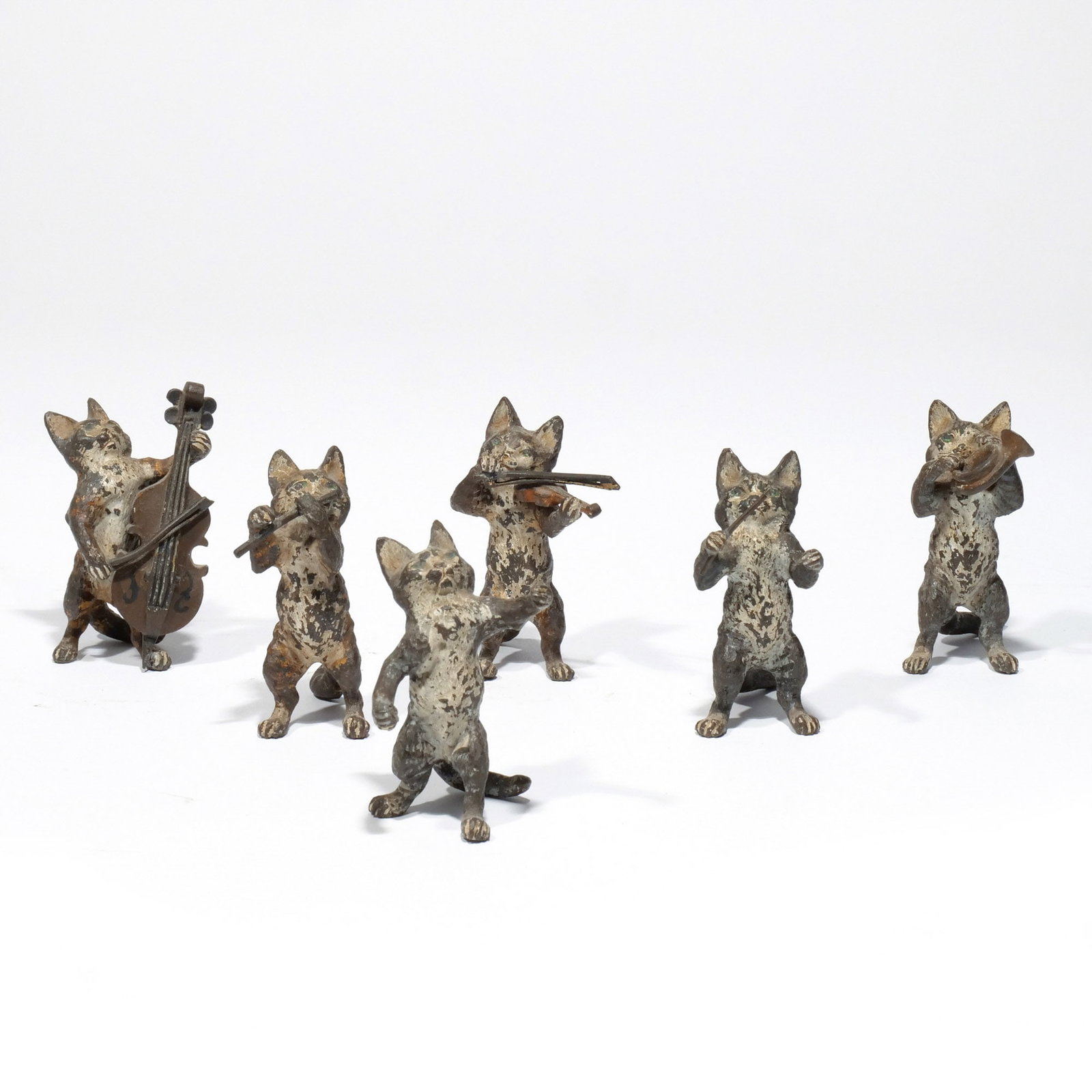 (6pc) VIENNESE COLD-PAINTED BRONZE CAT MUSICIANS: Early 20th century, apparently unmarked h. 3-1/4 in. (tallest) Provenance: The estate of Richard and Jean M. Bergstresser, owner of the Laurence McGuire House, historic landmark, Greenwich, CT [In