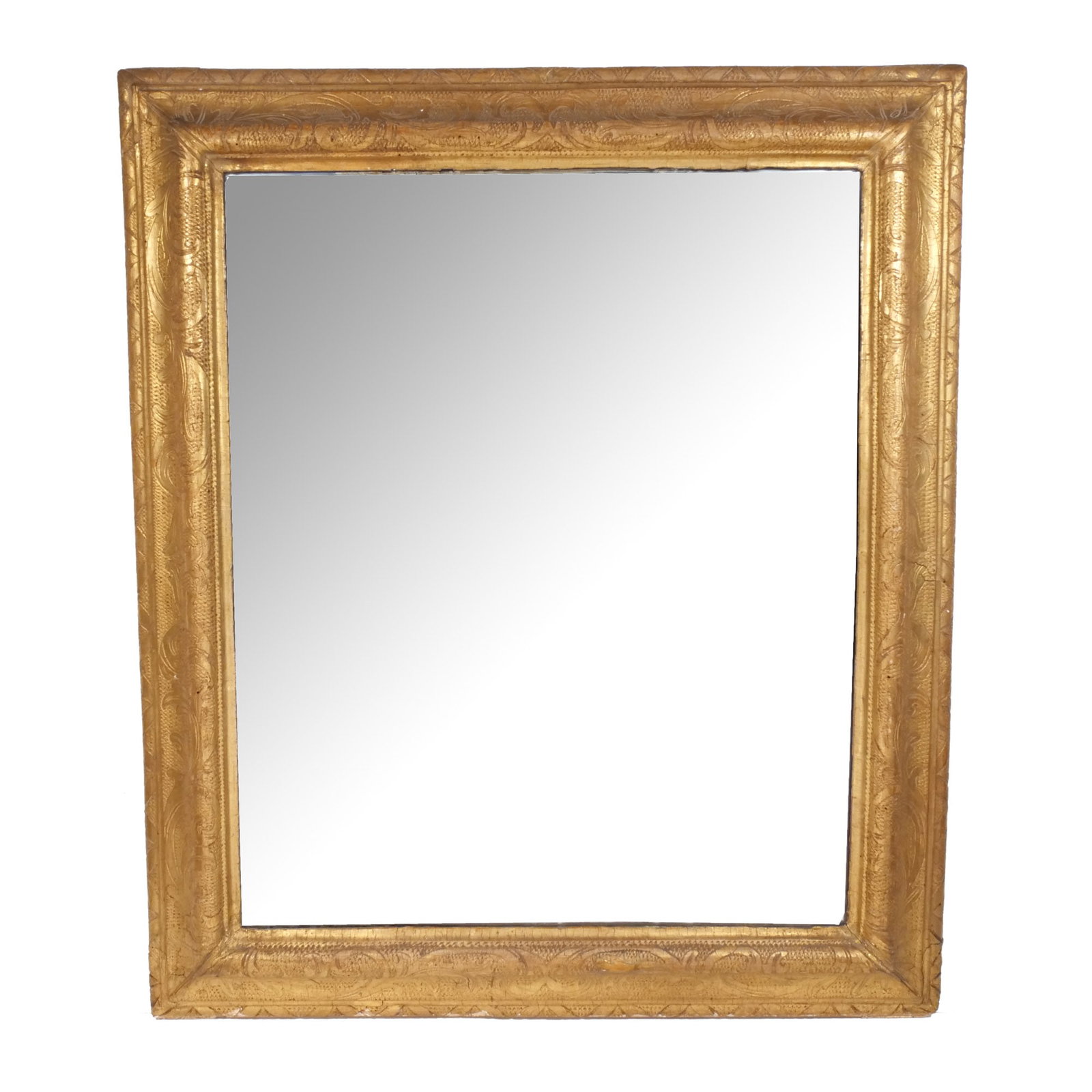 GILT CARVED & GESSOED MIRROR FRAME: 19th / early 20th century, with incised decoration of classical acanthus scrollwork h. 30 w. 24-3/4 in. (mirror) overall: 36 x 31 in. (framed) Provenance: The estate of Richard and Jean M. Bergstresse