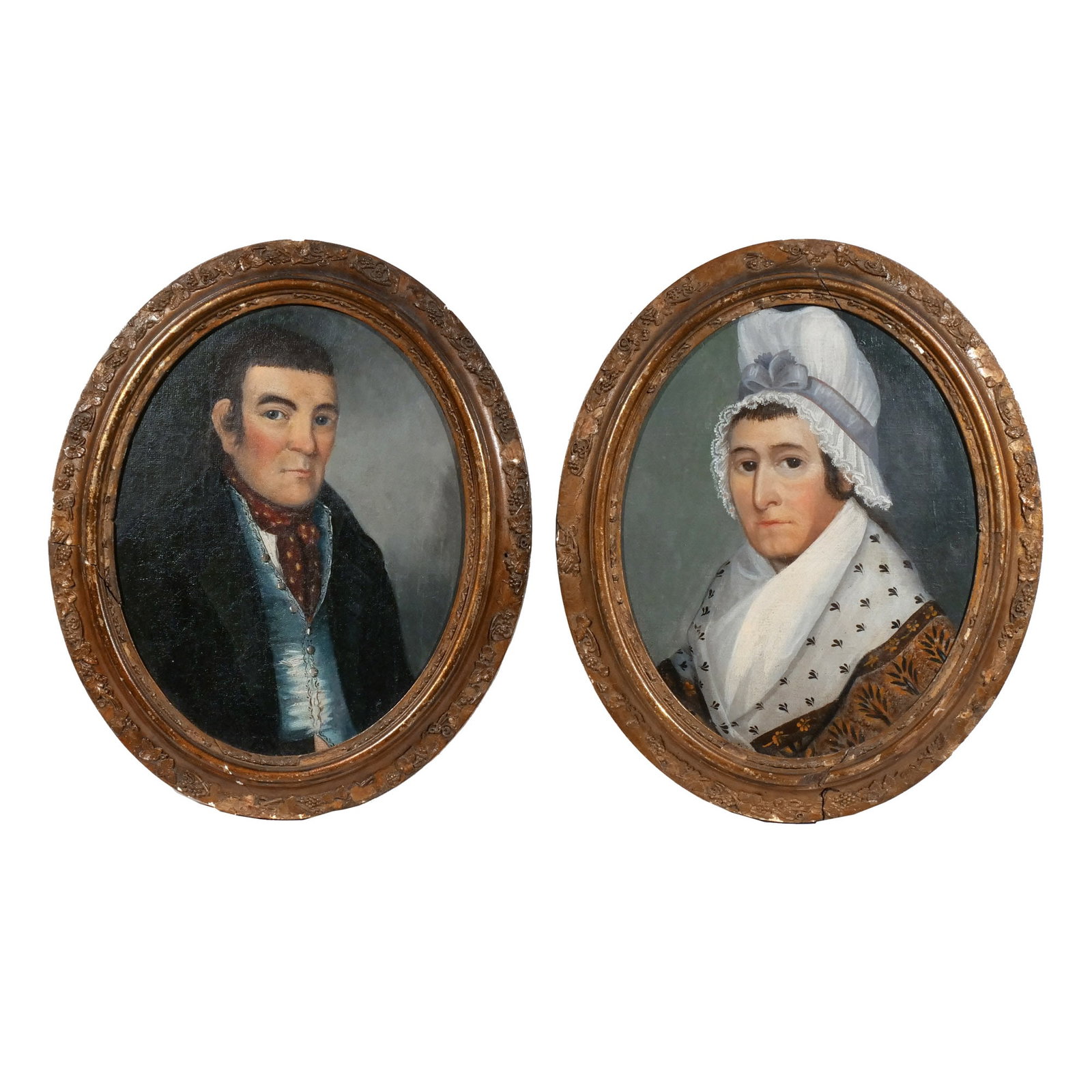 PAIR of NEW YORK PRIMITIVE PORTRAITS in TONDO: Mr. and Mrs. Guest Oil on canvas laid on board h. 14 w. 11 in. (each) Early 19th century, no apparent signatures, the cedar backing of each incised with the name of the sitter: 'Mr. Guest / New York'