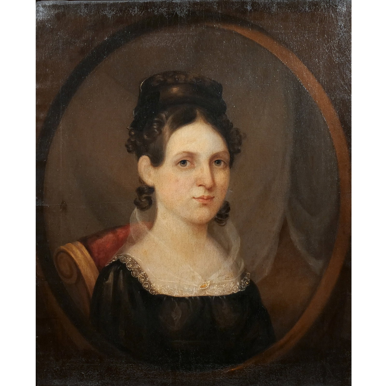[OHIO] AMERICAN SCHOOL PORTRAIT: Portrait of Eliza McLene Doherty Oil on canvas h. 29 w. 24 in. c. 1822, half portrait of a young woman seated within oval, no apparent signature, in 19th century gilt frame, old note on back with fami