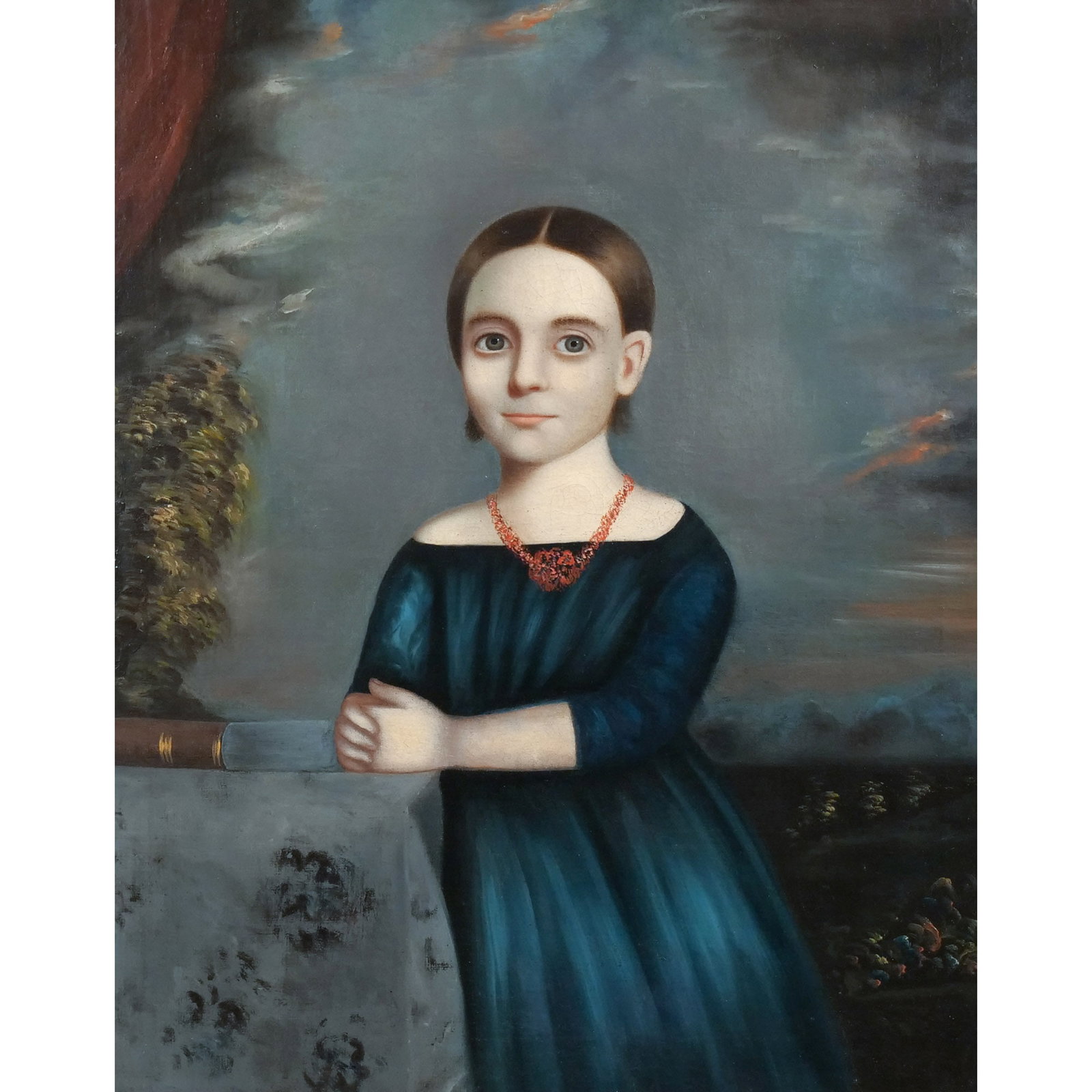 AMERICAN SCHOOL PORTRAIT, 19th century: A young girl by a table in landscape Oil on canvas h. 30 w. 25 in. No apparent signature, in a period gilt carved frame overall: 36 x 30 in. (framed) Provenance: Descent through the consignor's family