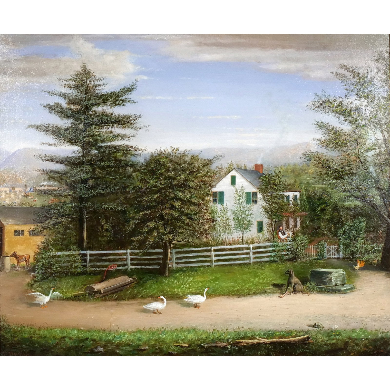 AMERICAN FOLK ART LANDSCAPE, 19th century: Homestead on a road Oil on canvas h. 25 w. 30 in. Signed 'Douglas' lower right and dated '88 for 1888, housed in period frame overall: 32 x 37 in. (framed) Provenance: Private collection, Bernardsvill