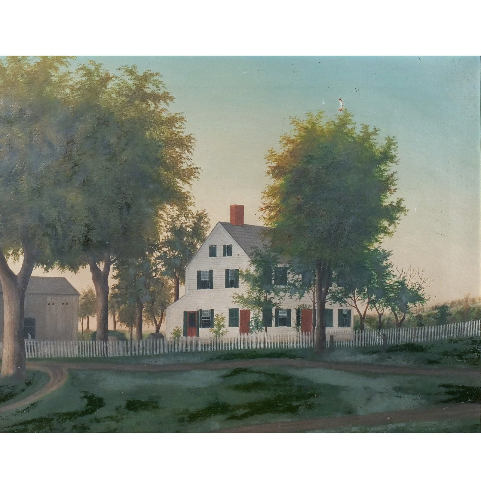 FOLK ART HOMESTEAD LANDSCAPE: White house with barn Oil on canvas h. 19 w. 24 in. Late 19th / early 20th century, unsigned, in a gilt frame overall: 22-1/2 x 27-1/2 in. (framed) Provenance: Private collection, Bernardsville, NJ