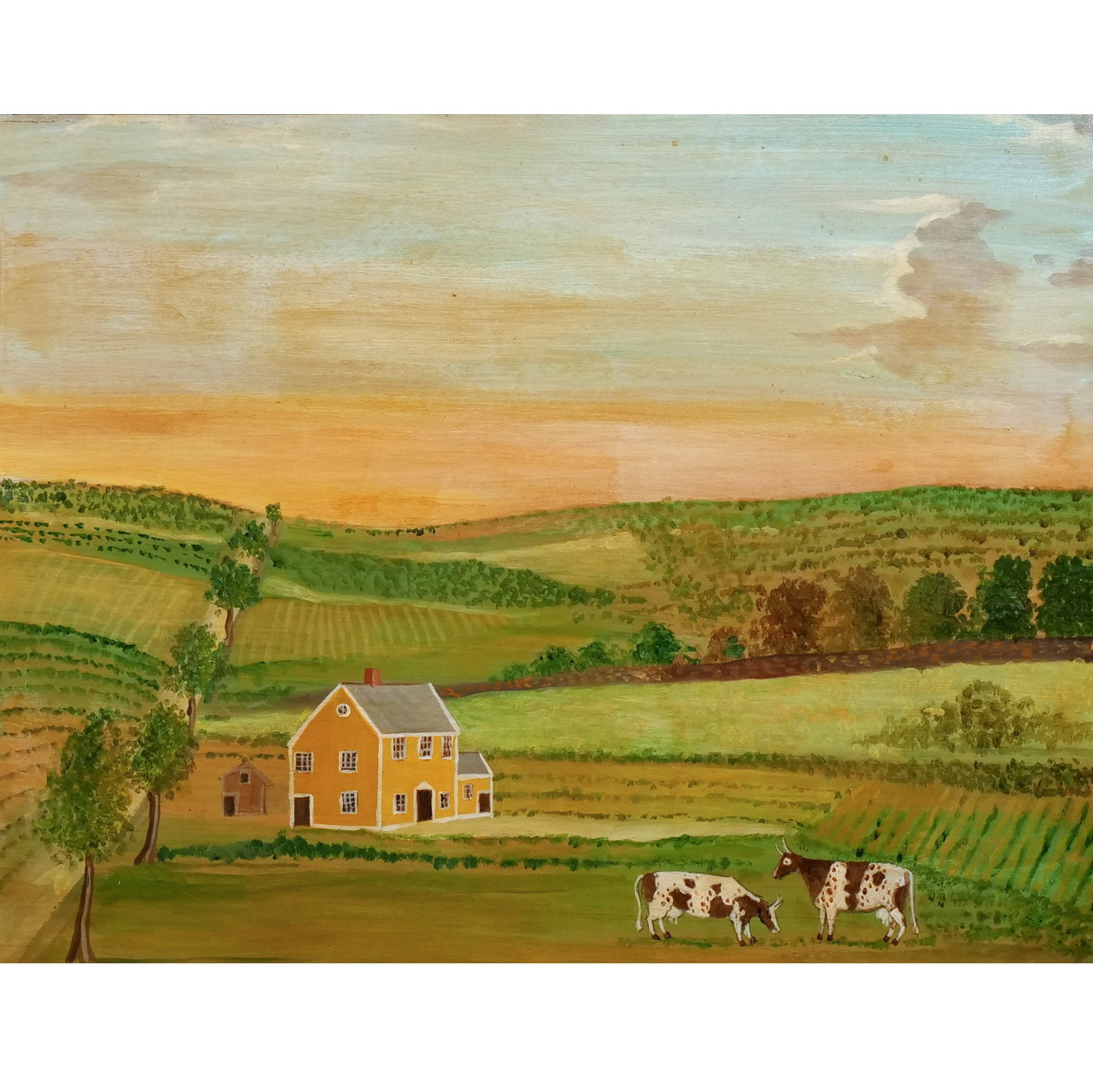 AMERICAN FOLK ART SCHOOL, early 20th century: Farm scene Oil on panel h. 21-1/2 w. 27-1/4 in. No apparent signature, framed overall: 26-1/2 x 32-1/4 in. (framed) Provenance: Landmark Hoyt Homestead, Pound Ridge, NY