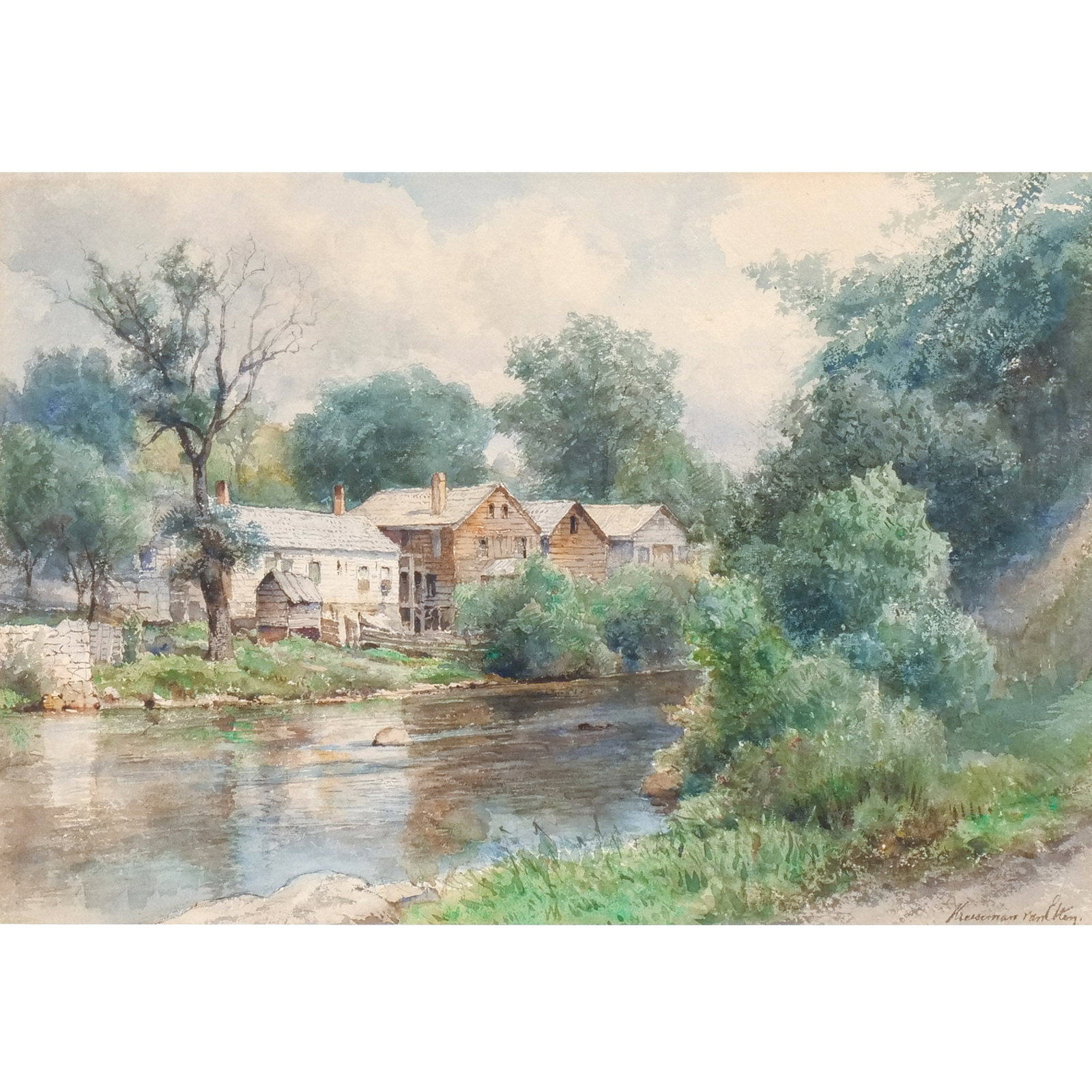 KRUSMAN VAN ELTEN (Dutch/American, 1829-1904): Old Clapboard Houses by a Stream Watercolor on paper h. 14 w. 19-3/4 in. Signed lower right, framed overall: 22-1/2 x 28-1/2 in. (framed) Provenance: Private collection, New Paltz, NY Probably depicti