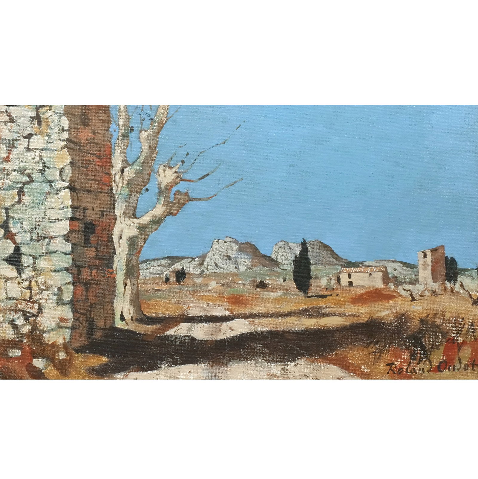 ROLAND OUDOT (French, 1897-1981): Pigeonnier a Eygalieres Oil on canvas h. 11 w. 18 in. (sight) Signed lower right, titled on verso. Proven?al village is a traditional French pigeon house or dovecote. Provenance: Descent through a