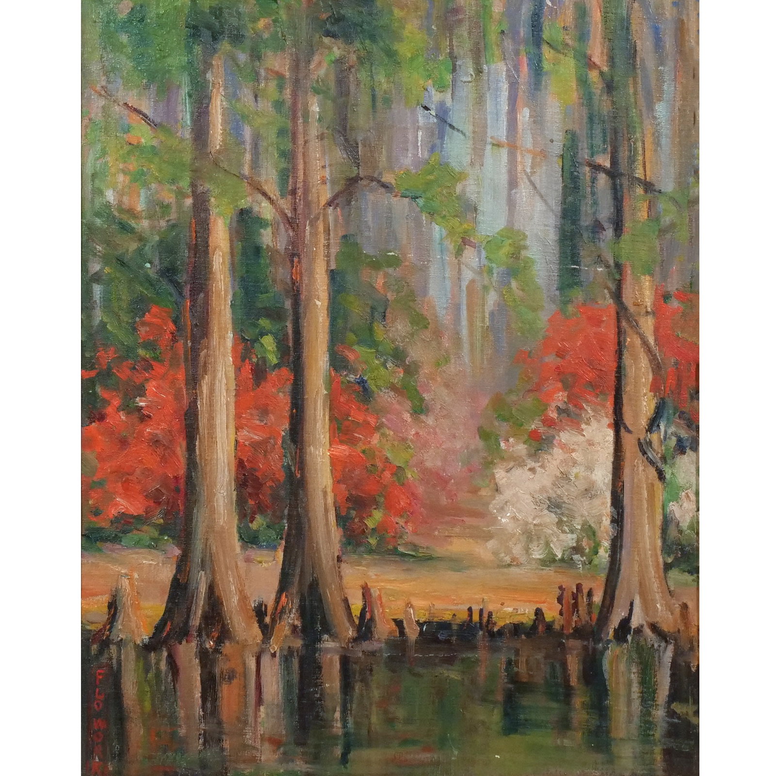 (Attrib.) MAY PAINE (American, 1873-1941): Cypress Swamp Oil on board h. 20 w. 16 in. Lower right reads 'Flo Work' overall: 25 x 20-1/2 in. (framed) Provenance: Descent through a prominent Greenwich, CT doctor's estate