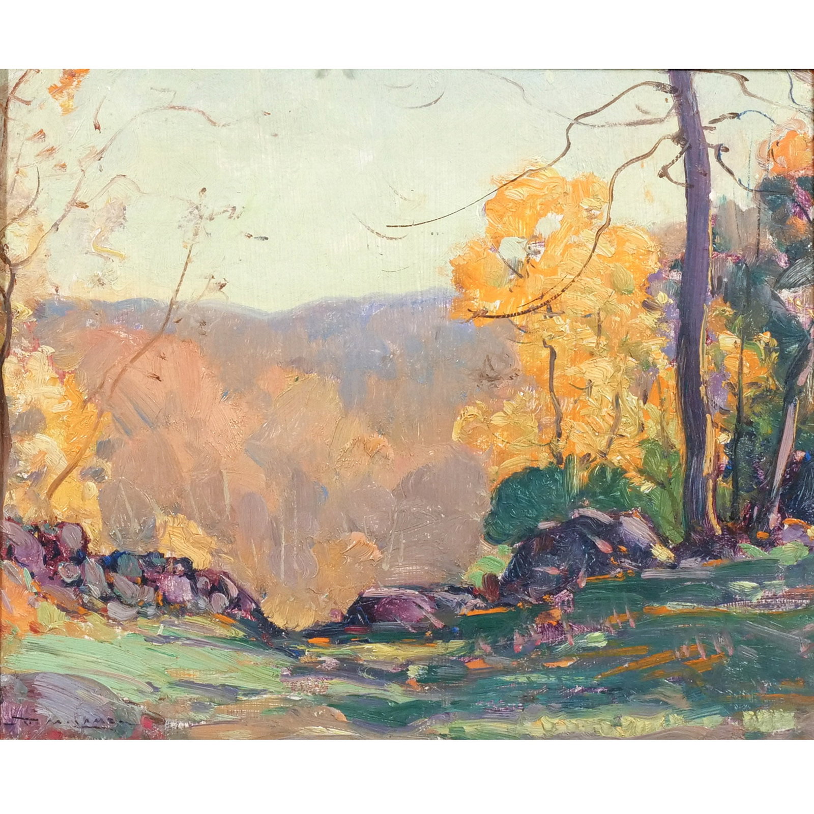 FREDERICK MORTIMER LAMB (American, 1861-1936): Autumn Landscape Oil h. 10 w. 12 in. Signed lower left overall: 14-1/2 x 16-1/2 in. (framed) Provenance: Descent through a prominent Greenwich, CT doctor's estate [In Situ Item] This item will not be