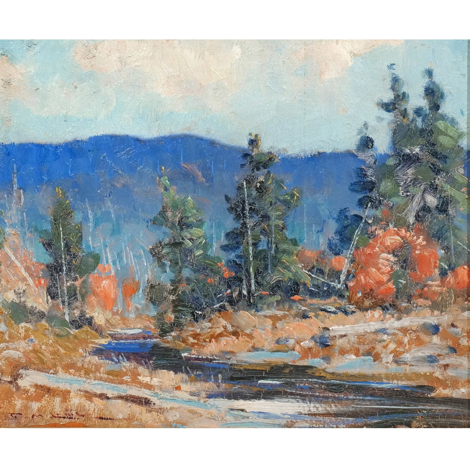 FREDERICK MORTIMER LAMB (American, 1861-1936): Dead River, Maine Oil h. 10 w. 12 in. Signed lower left, also titled and signed on verso overall: 12 x 14 in. (framed) Provenance: Descent through a prominent Greenwich, CT doctor's estate [In Situ