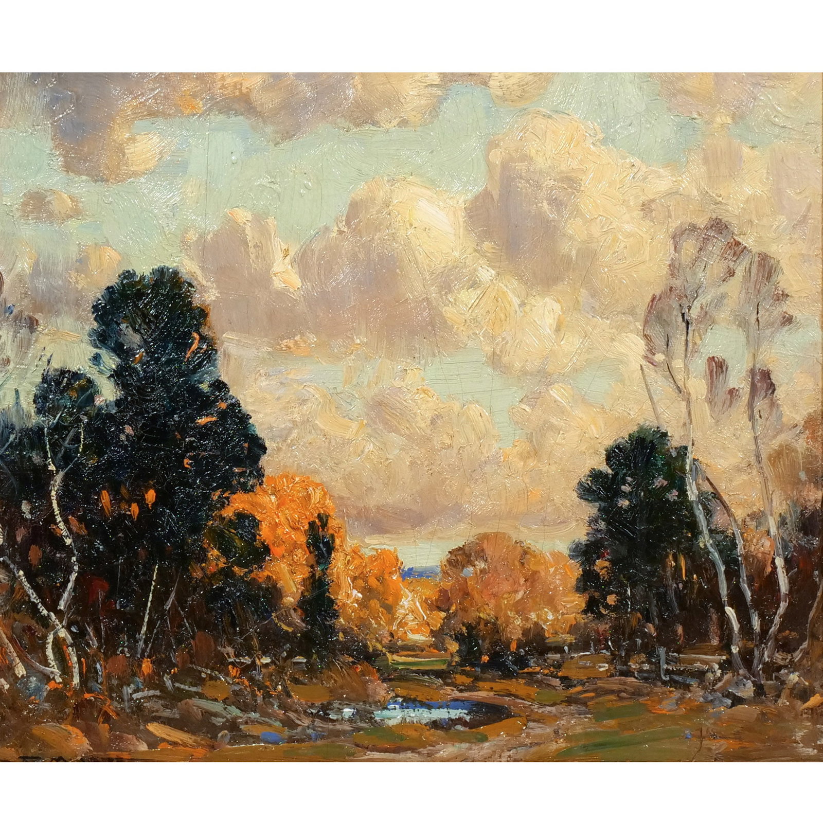 FREDERICK MORTIMER LAMB (American, 1861-1936): Watery Landscape Oil h. 12-1/2 w. 15 in. Signed lower right overall: 16 x 18 in. (framed) Provenance: Descent through a prominent Greenwich, CT doctor's estate [In Situ Item] This item will not be on