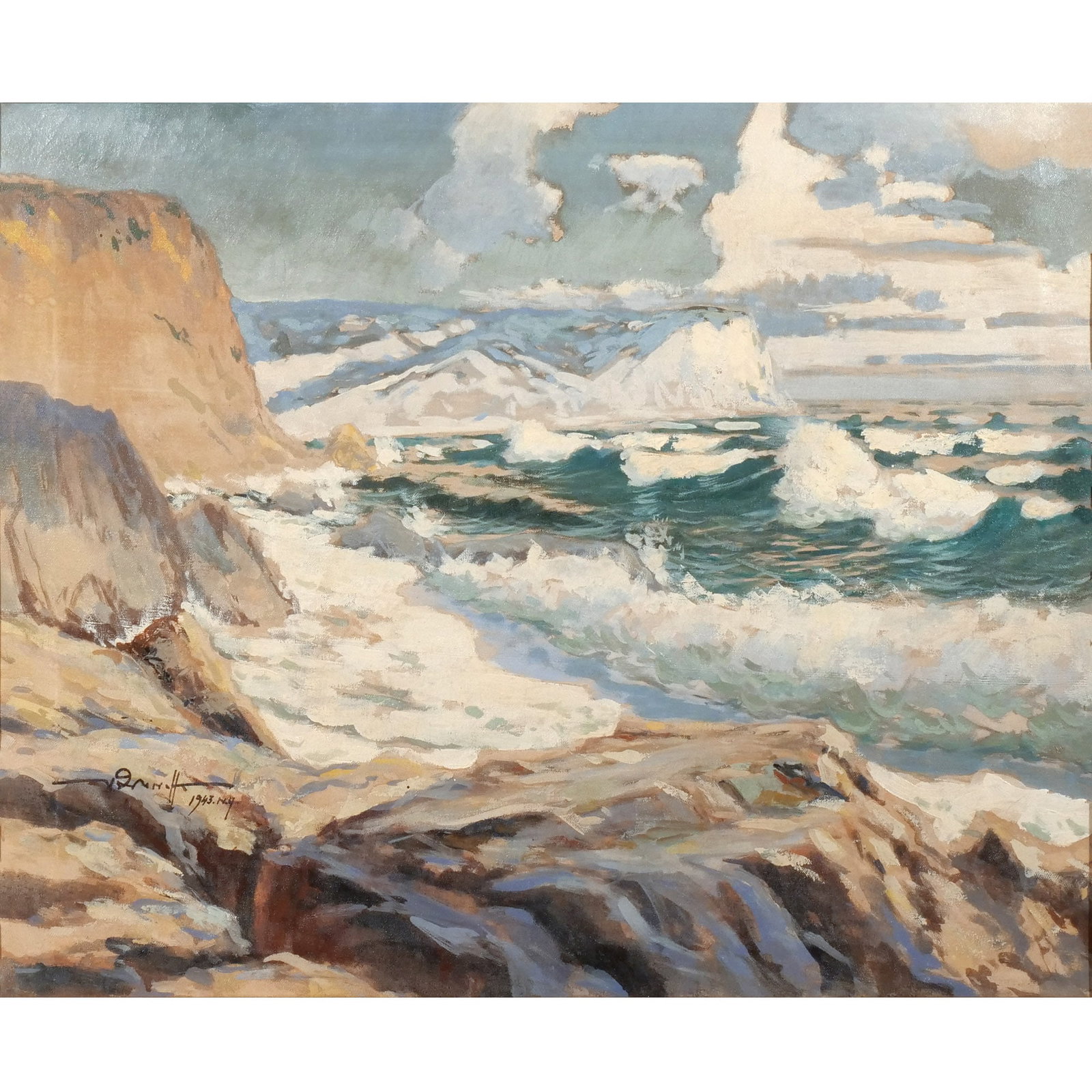 AMERICAN SCHOOL (MONTAUK), mid 20th century: No Mans Land, Montauk, NY Oil on canvas h. 23-1/4 w. 28 in. Signed lower left indistinctly & dated 1943, N.Y., titled on stretcher, framed overall: 26-1/2 x 31-1/2 in. (framed) Provenance: Private col