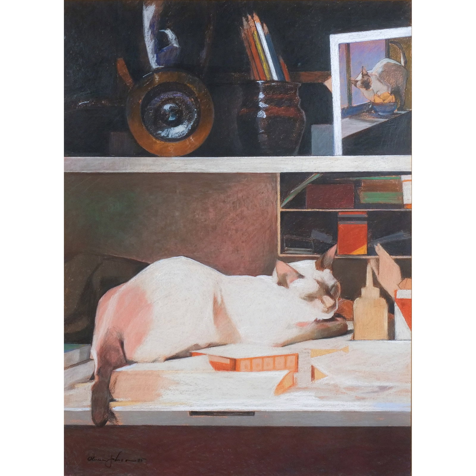 OLIVER JOHNSON (American, 1948-2021): 'Cat Nap', 1985 Pastel on paper h. 30 w. 22 in. Signed and dated lower left, framed Provenance: Gallery Felicie, NYC; Descent through a prominent Manhattanite's estate