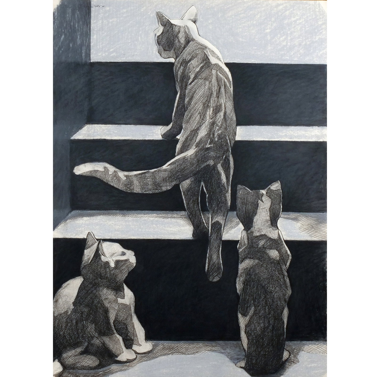 OLIVER JOHNSON (American, 1948-2021): 'Cats', 1985 Mixed media on paper h. 30 w. 22 in. Signed, dated, and titled upper left, with label on verso (showing incorrect title), framed Provenance: Gallery Felicie, NYC, with Wildenstein & Co.,