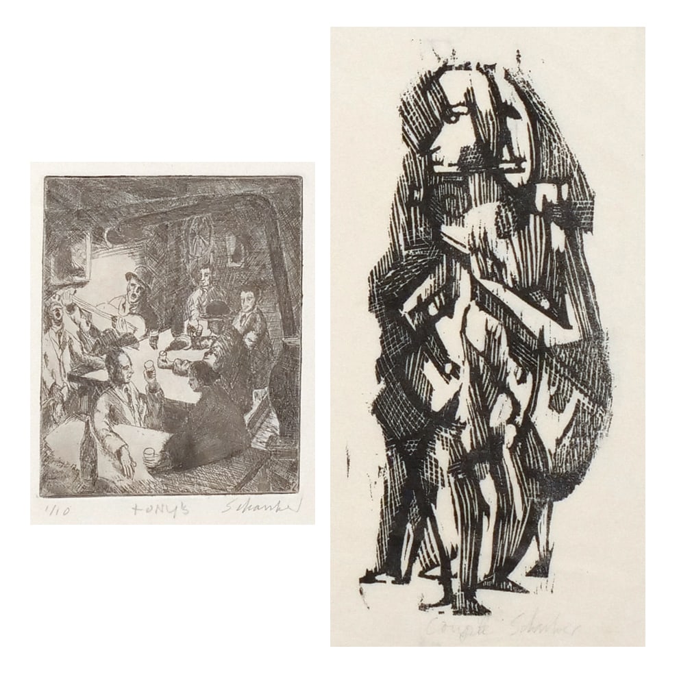 (2pc) LOUIS SCHANKER (American, 1903-1981): Two prints: 'Tony's' and 'Couple' Including 'Tony's', etching, 5-3/4 x 4-1/2 in. (plate), ed. 1/10, signed, titled, and numbered lower margin; and 'Couple', woodcut, 10-1/8 x 4-3/4 in. (plate), signed