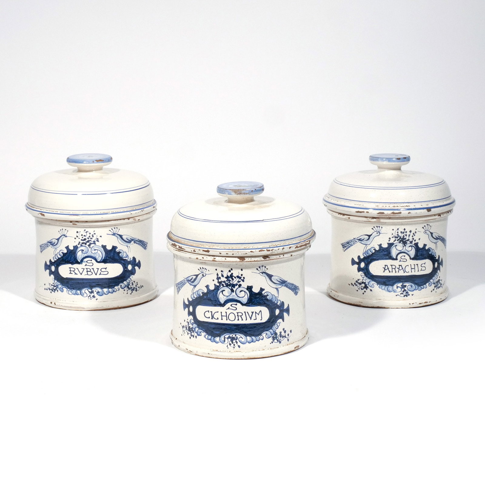 (3pc) ITALIAN FAIENCE MAIOLICA APOTHECARY JARS: 19th century, blue and white h. 7-1/2 w. 6-3/4 in. Provenance: Landmark Hoyt Homestead, Pound Ridge, NY