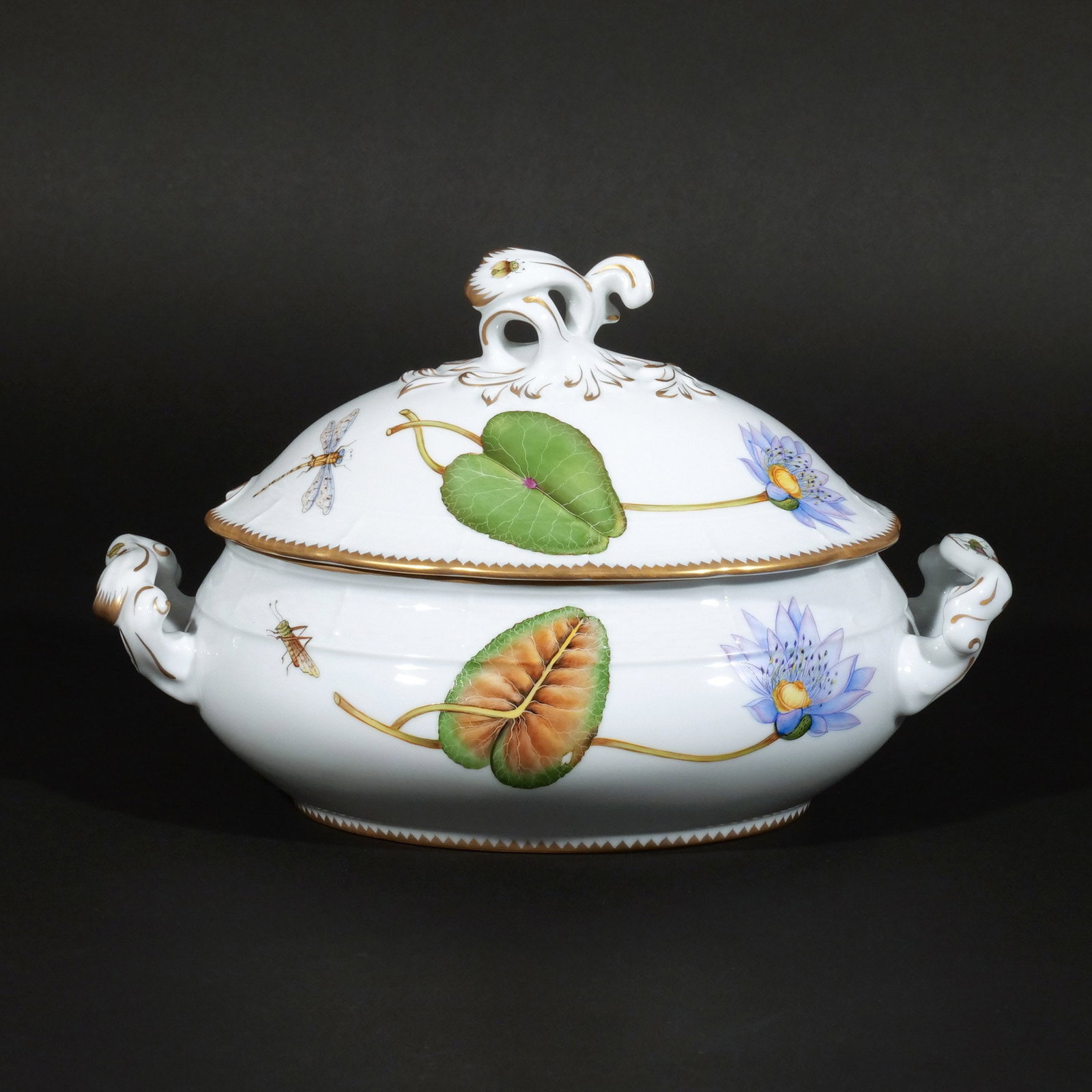ANNA WEATHERLY 'WATERLILY' PORCELAIN TUREEN: Hand painted, with gilt accents h. 8 w. 12-1/4 d. 7-3/4 in. Provenance: Private collection, Mount Kisco, NY [In Situ Item] This item will not be on display in our saleroom during our preview period.