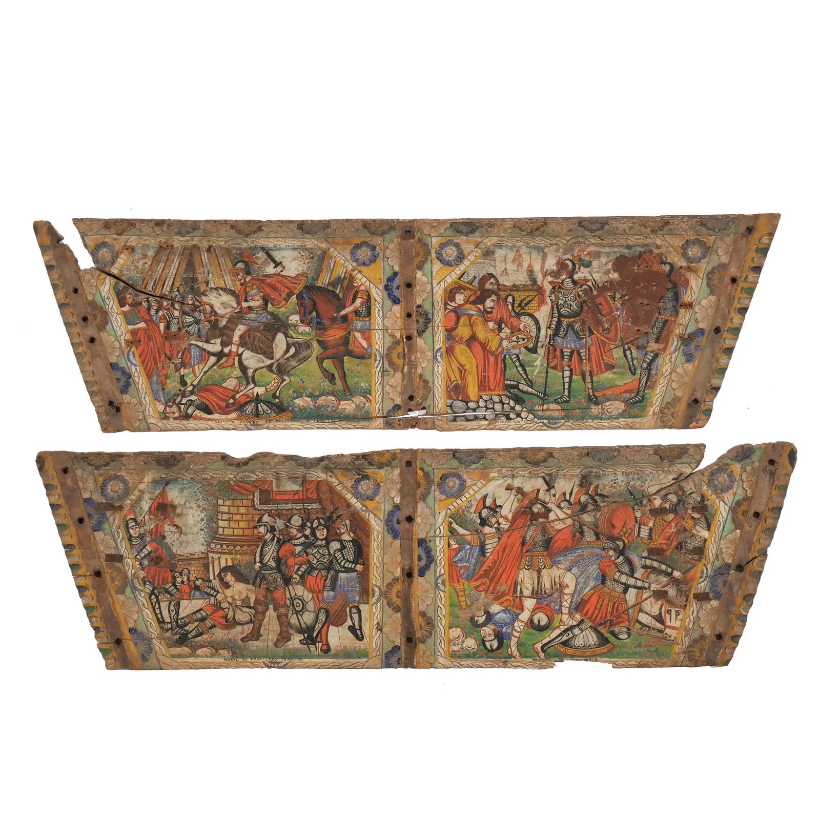(2pc) SIMILAR SICILIAN FESTIVAL DONKEY CART GATE: 19th century, polychromed and carved wood h. 14 w. 42-1/2 in. Provenance: The estate of noted artist and author Edward Giobbi (1926-2026), Katonah, NY [In Situ Item] This item will not be on display