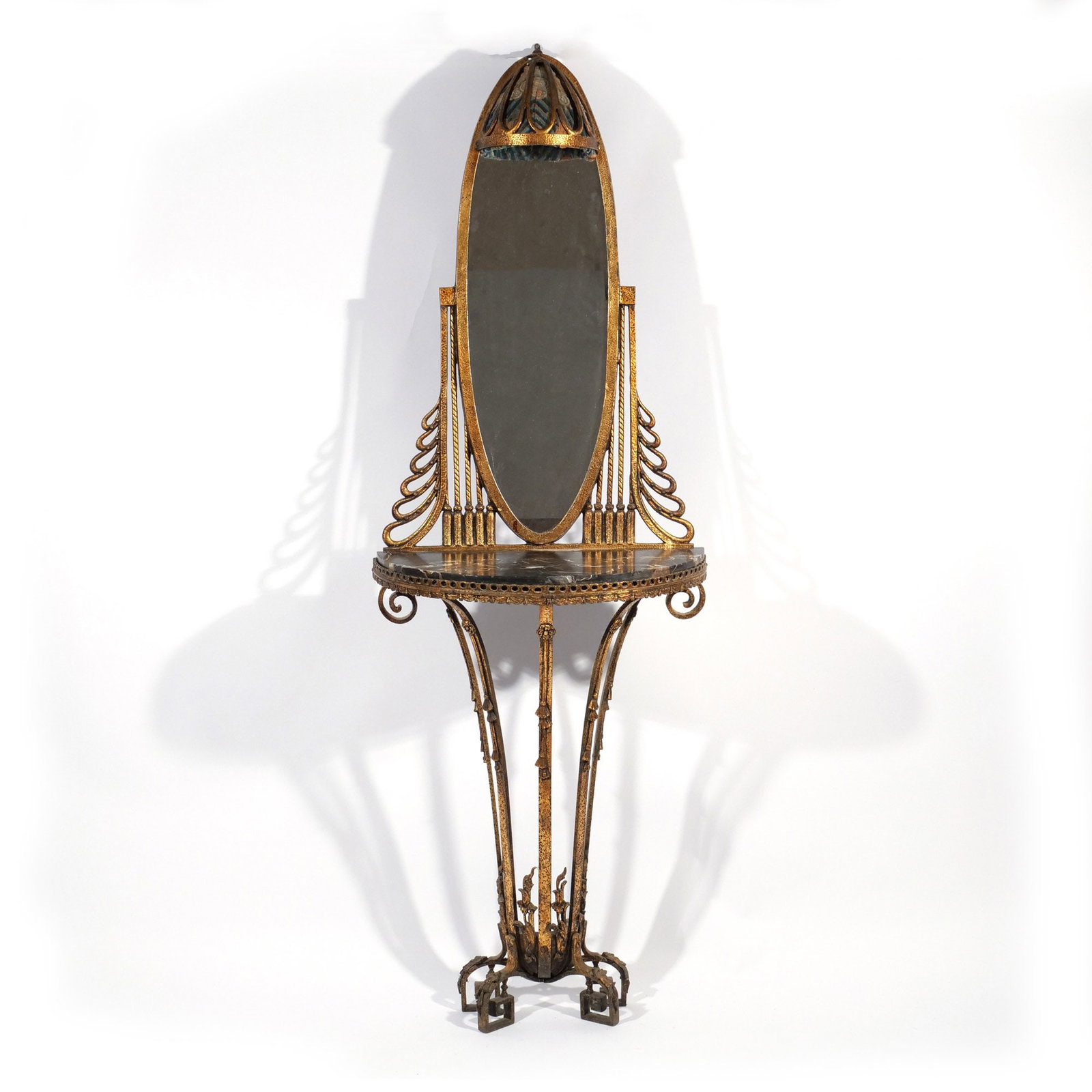 ART DECO GILDED & WROUGHT IRON CONSOLE/ VANITY: c. 1920s, having marble top and conforming mirror h. 68 w. 23 d. 11 in. Provenance: Descent through a prominent Greenwich, CT doctor's estate [In Situ Item] This item will not be on display in our sal