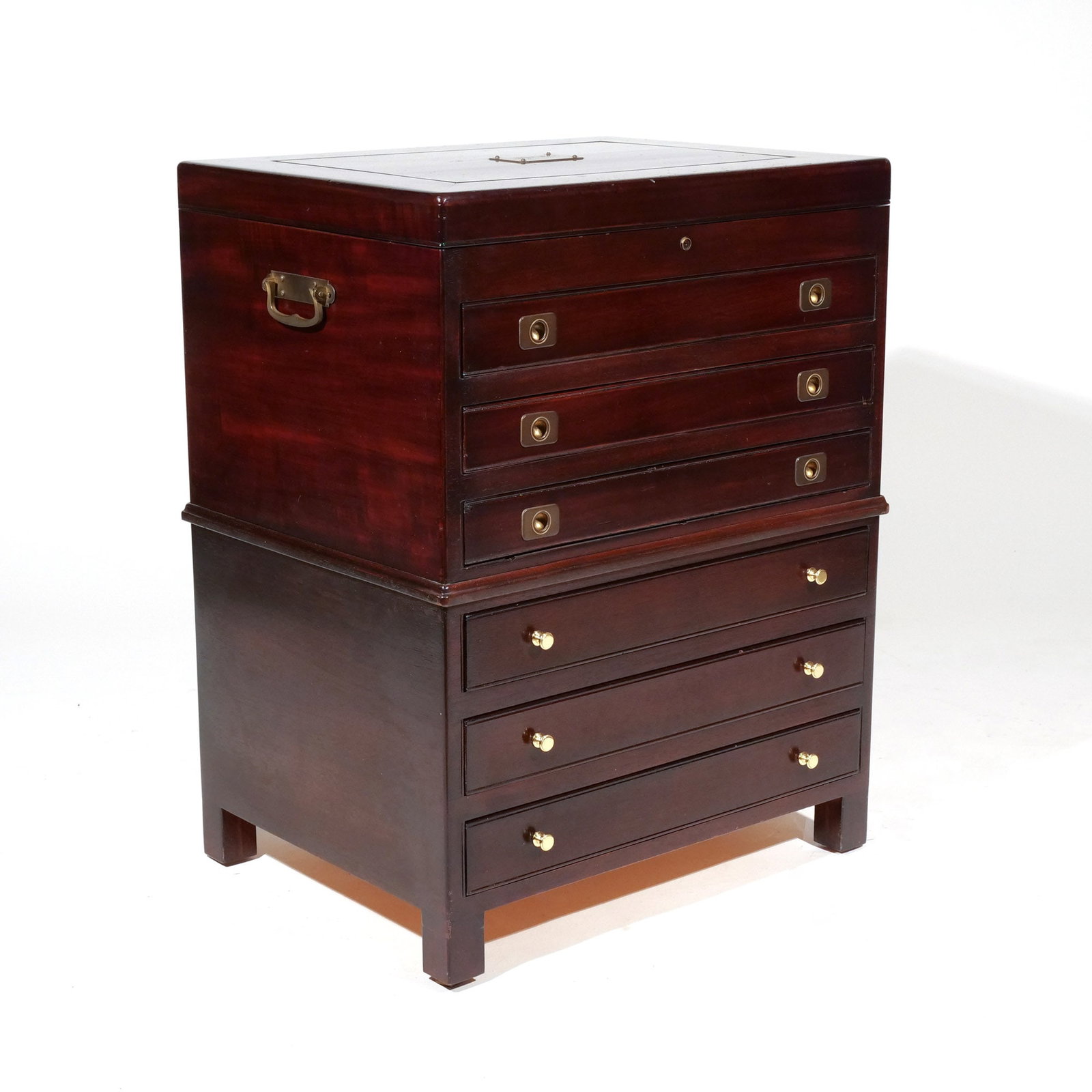 MAHOGANY SILVER CHEST: Early 20th century, English or American, plaque with stylized initials and date 1913, side carrying handles, mounted on newer three drawer silver chest h. 30 w. 23 d. 18 in. Provenance: Descent throug