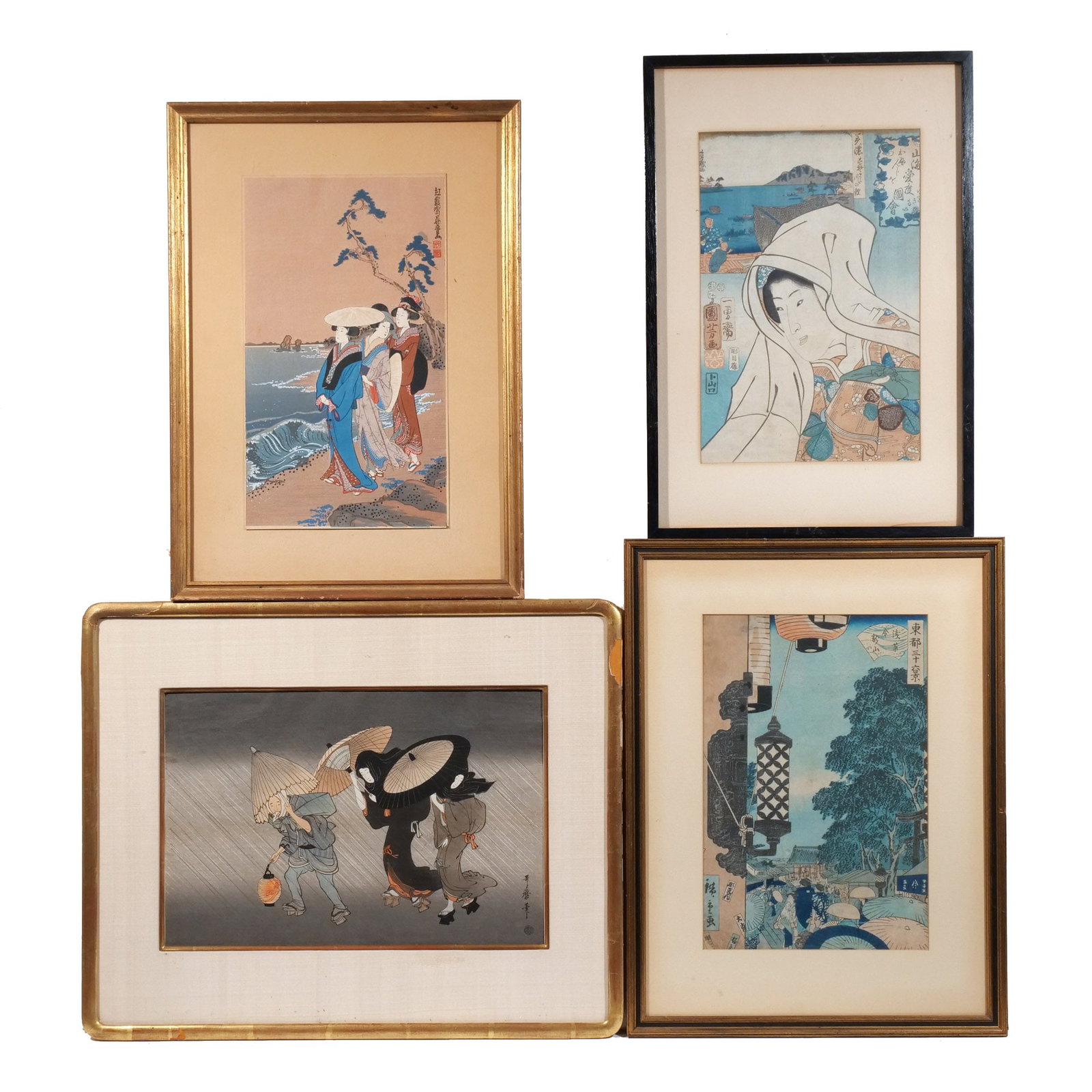 (4pc) JAPANESE WOODBLOCK PRINTS: All framed, including: AFTER KITAGAWA FUJIMARO, Three Ladies on a Beach or Beauties of the Futamiura, a mid 20th century reprint; AFTER KITAGAWA UTAMARO (Japanese, 1753?1806), In the Storm, illustrati