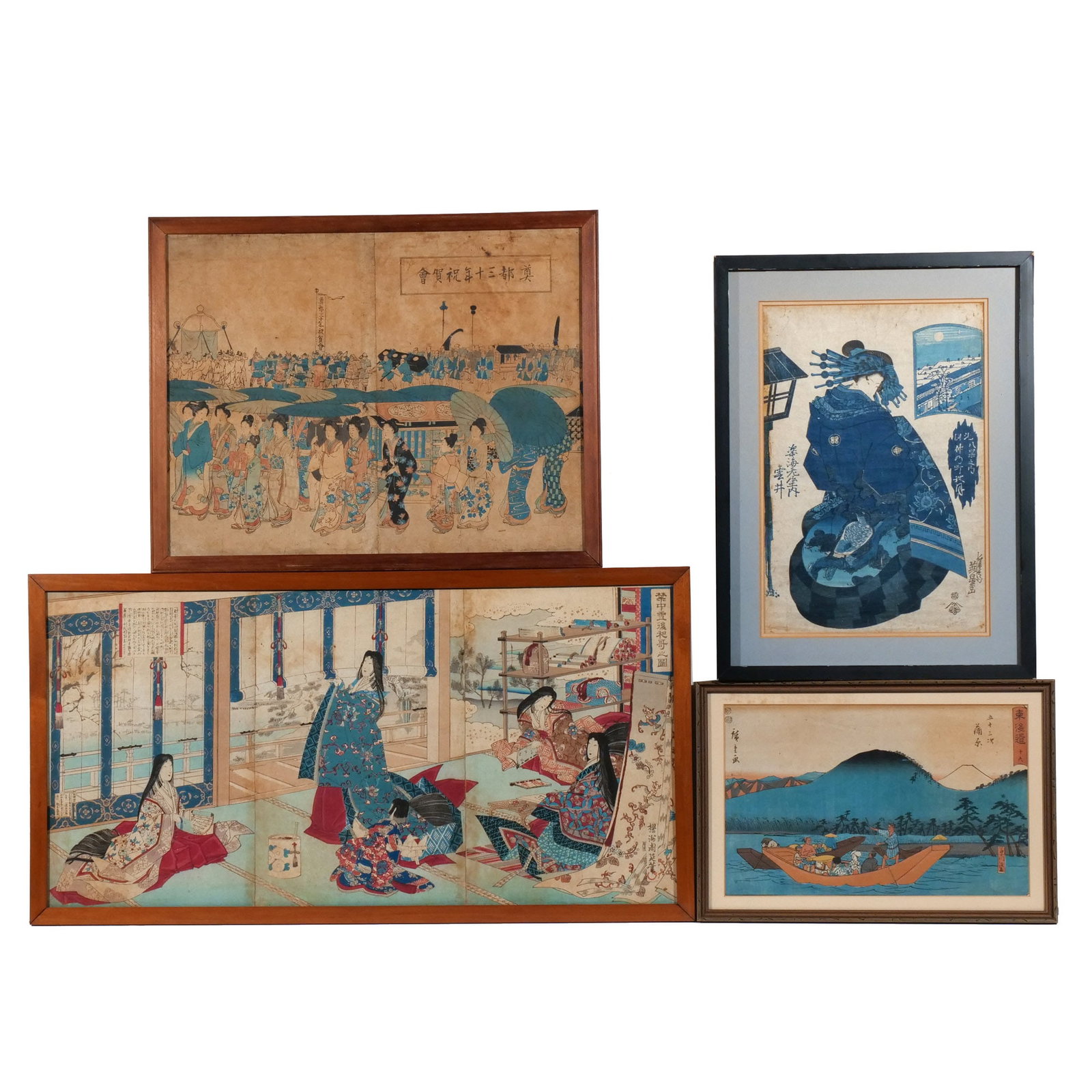 (4pc) JAPANESE WOODBLOCK PRINTS: 19th century, including: UTAGAWA HIROSHIGE (Japanese, 1797?1858), No. 16 - Kanbara: Ferryboat on the Fuji River (Kanbara, Fujikawa funawatashi), from the series The T?kaid? Road - The Fifty-three Stat