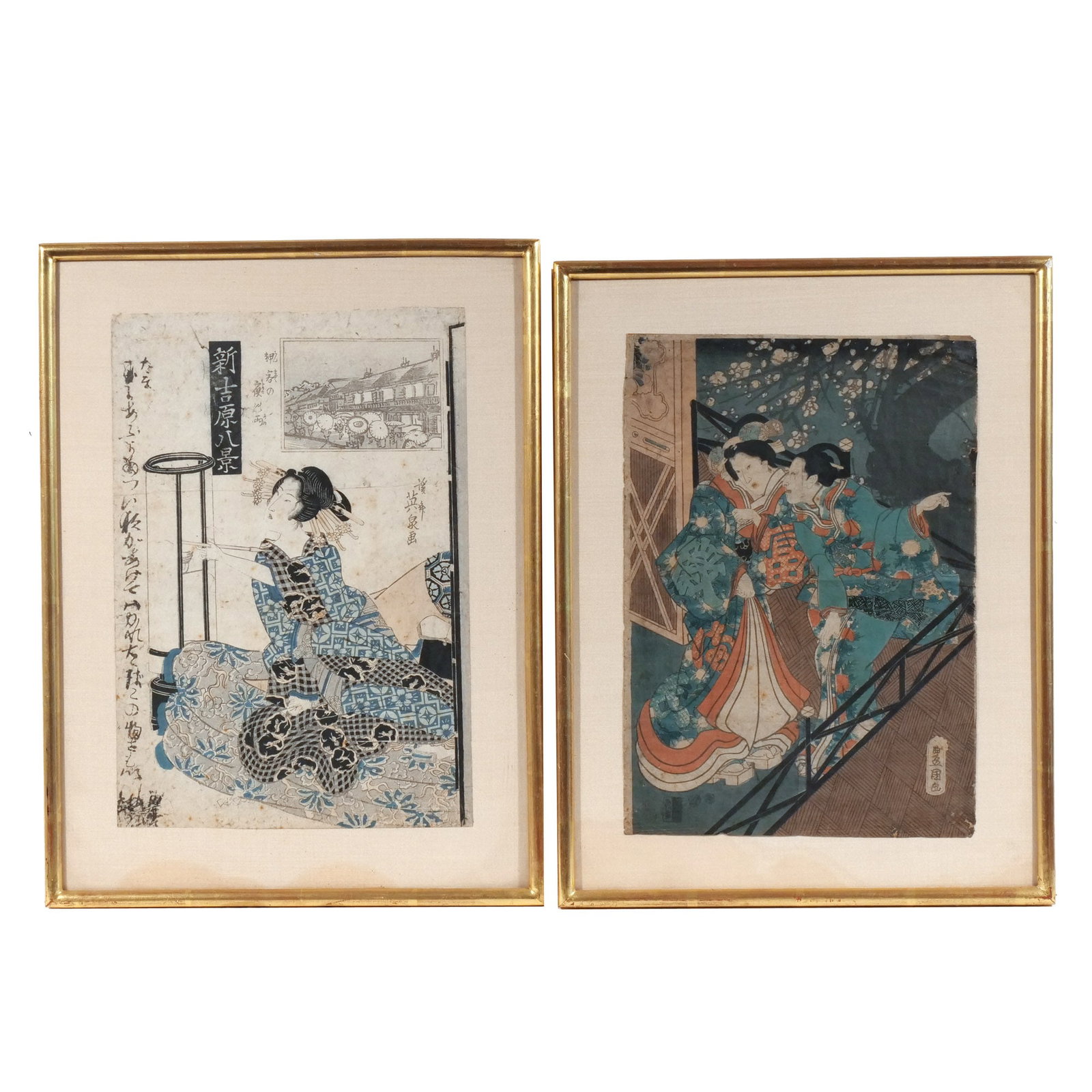 (2pc) JAPANESE WOODBLOCK PRINTS: 19th century, including: UTAGAWA KUNISADA (TOYOKUNI III) (1786?1865), courting scene, and KEISAI EISEN (1790-1848), female on a divan h. 14-3/4 w. 10 in. (largest) overall: 19 x 14-1/2 in. (largest, f