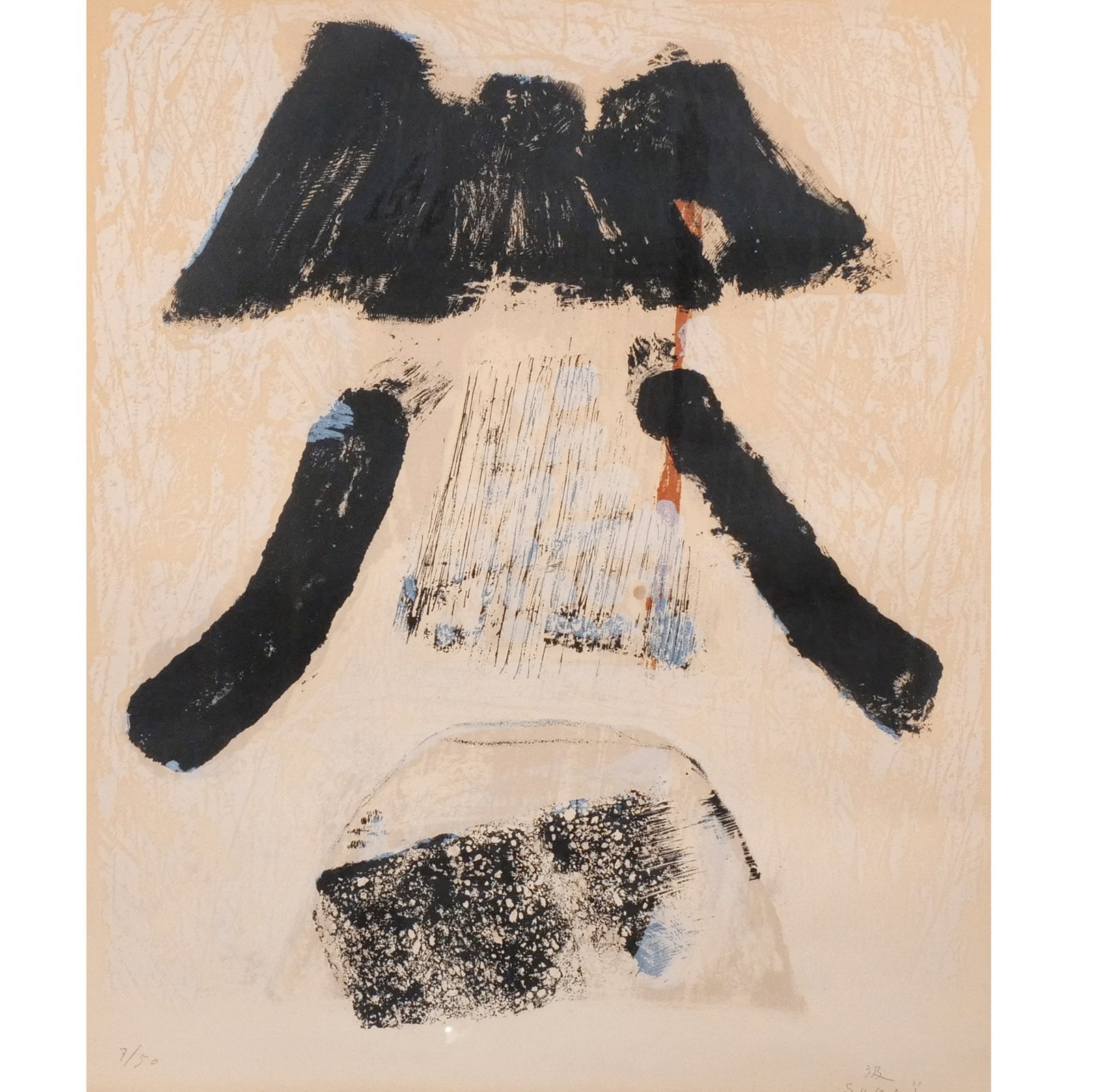 KUMI SUGAI (Japanese, 1919-1996): Otoko ('Man'), 1957 Lithograph in colors h. 20 w. 16-1/2 in. (sight) Ed. 7/50, signed and numbered lower margin, framed overall: 30 x 24 in. (framed) Provenance: Descent through a Greenwich, CT family