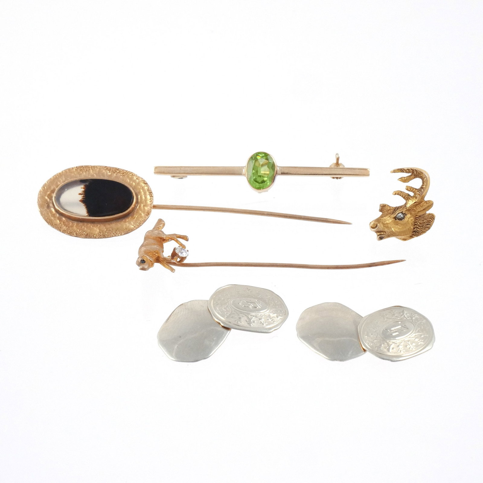 (6pc) 10K GOLD PINS AND PAIR of CUFFLINKS (1 of 7)