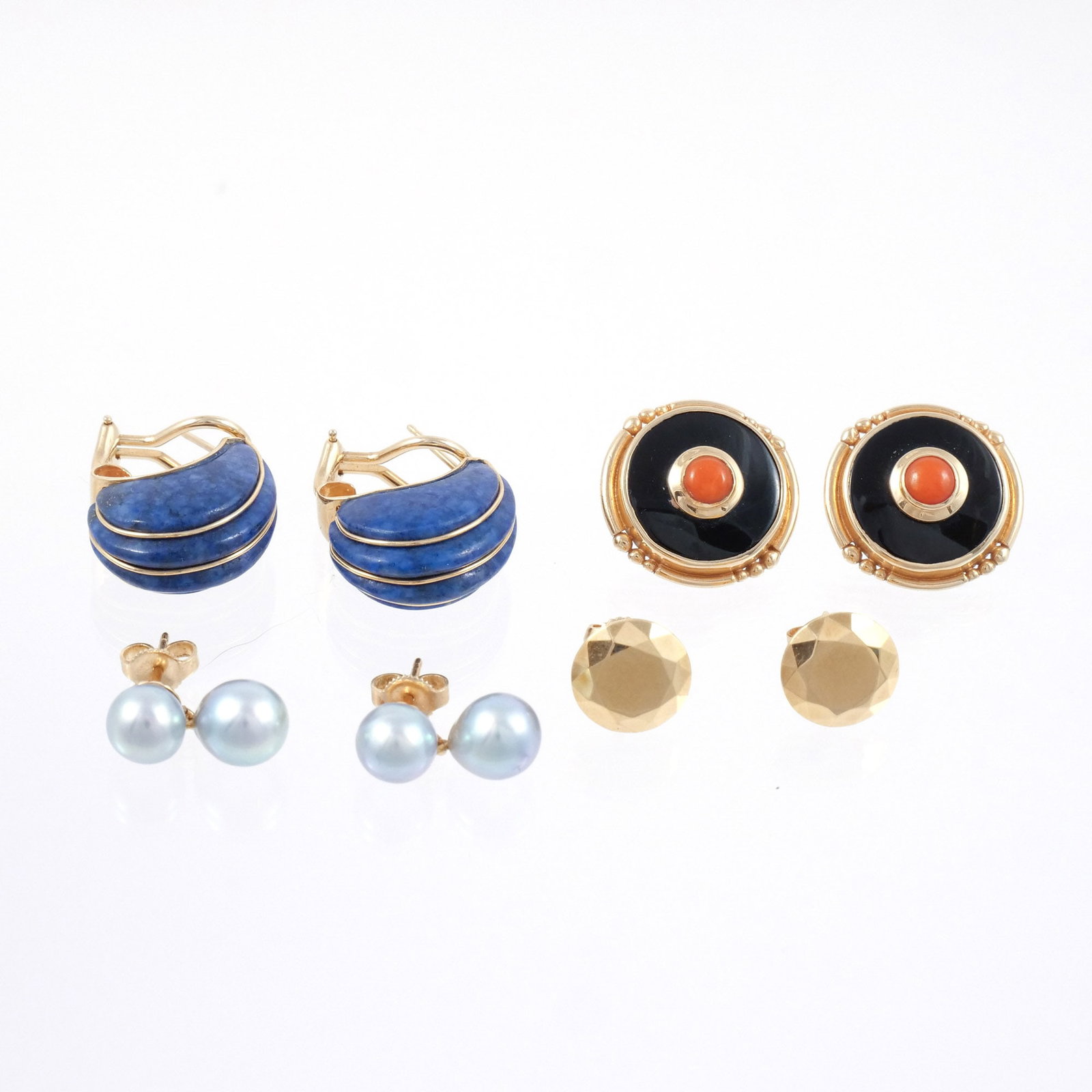 (8pc) GROUP OF 14K EARRINGS: Including a pair of coral and enamel round studs, a pair of geometric studs, a pair of lapis lazuli shell-form ear clips, and a pair of pearl drop earrings; 24.5 g total weight h. 3/4 in. (largest) Pr