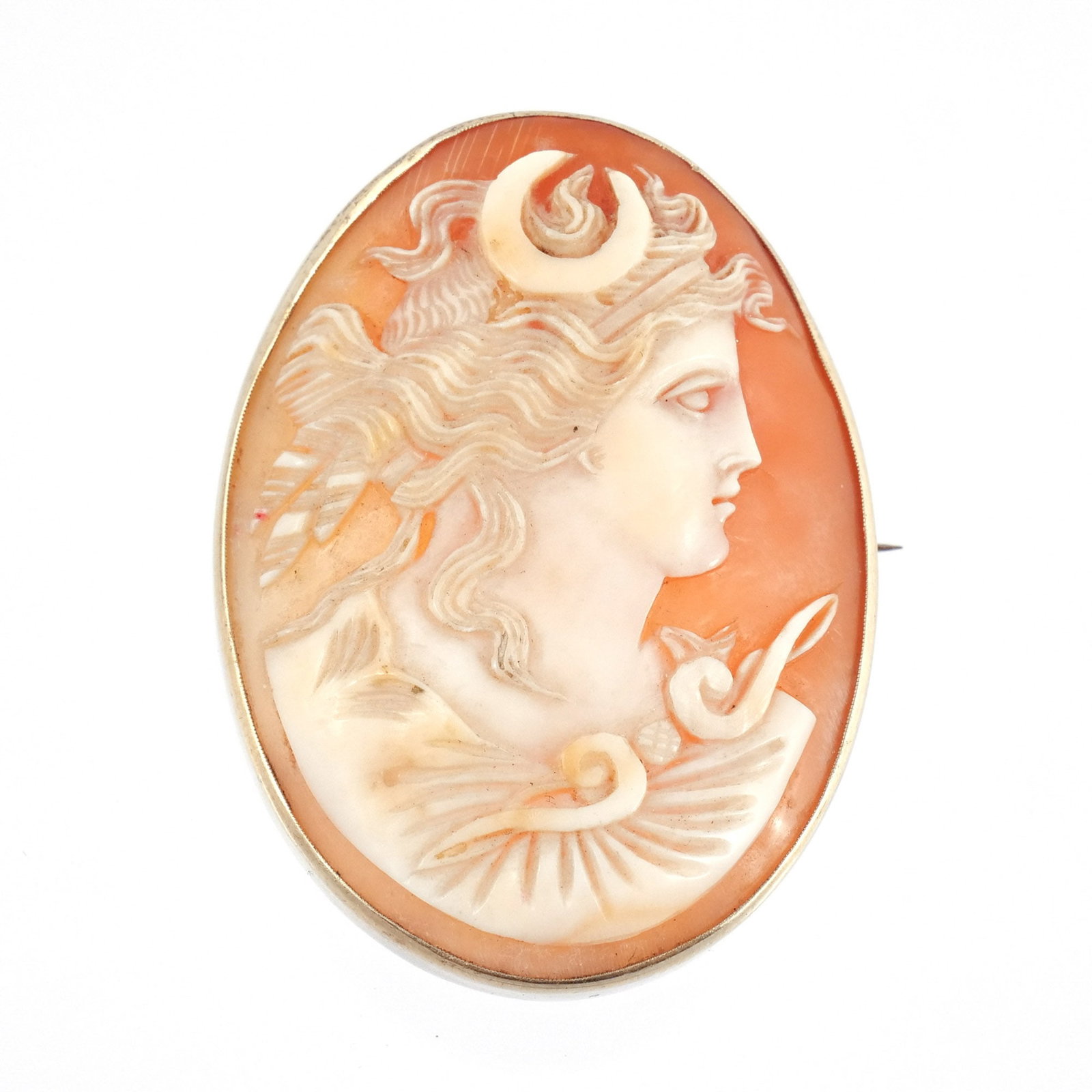 14K GOLD CAMEO BROOCH: Depicting the Greek Goddess Selene, with 14k gold surround, unmarked but tests as 14k h. 1-3/4 w. 1-1/4 in. Provenance: Descent through the consignor's family