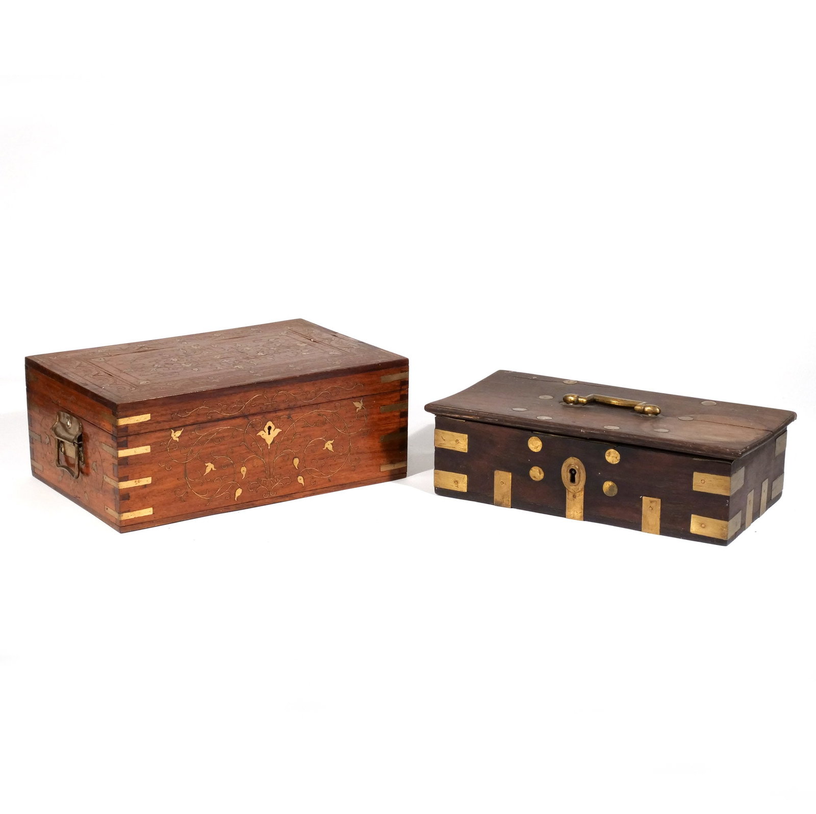 (2pc) ANGLO-INDIAN BRASS-INLAID BOXES: 19th century, including a rosewood and mahogany campaign type dressing box with floral designs in brass inlay and side handles, with mirror on interior of lid and removable tray; and a rosewood / hard