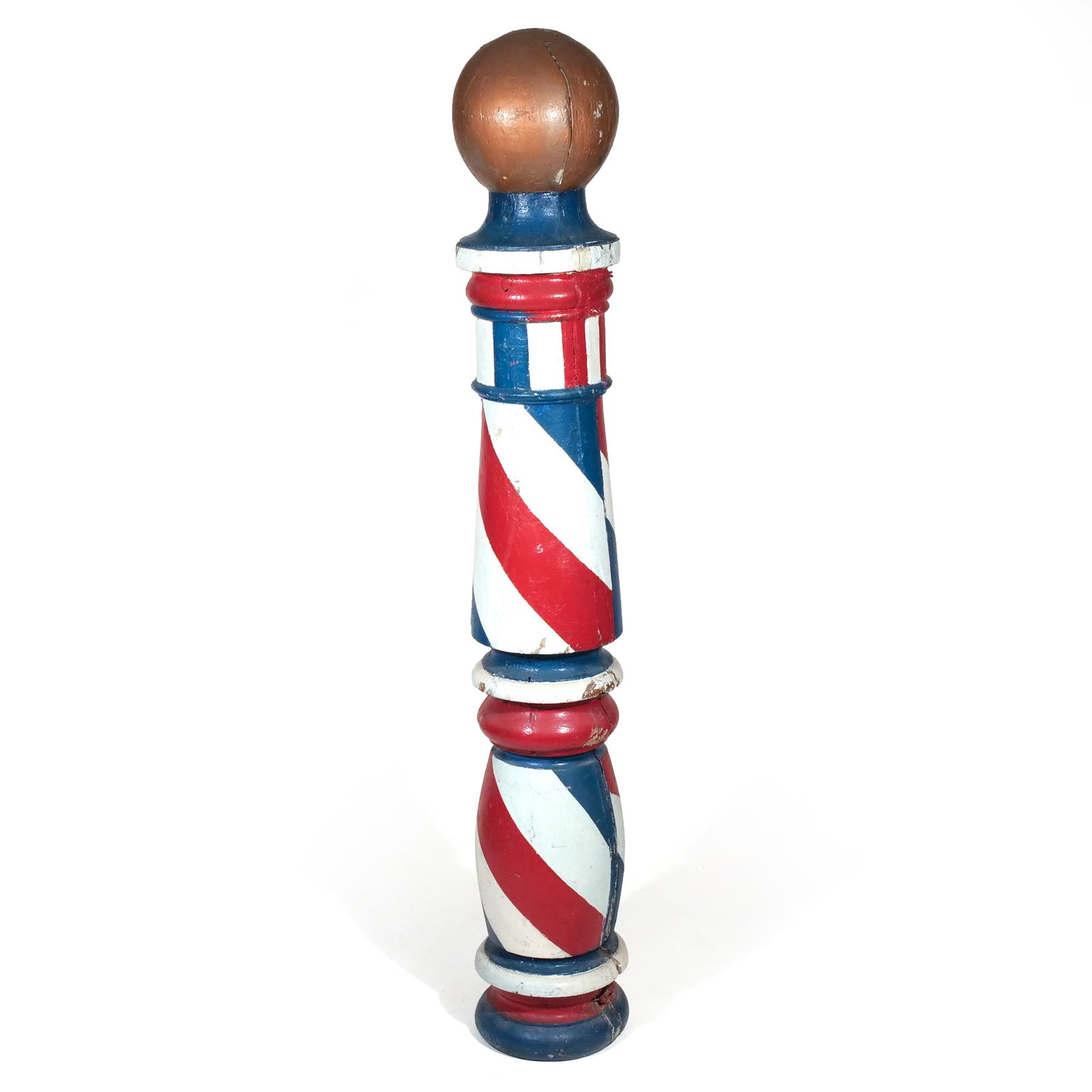 ANTIQUE BARBER POLE TRADE SIGN: 19th century, a freestanding, vertical turned barber pole, with metal braces towards the bottom (under the paint), in later paint h. 75 w. 12 in. Provenance: The estate of a noted architect and biblio