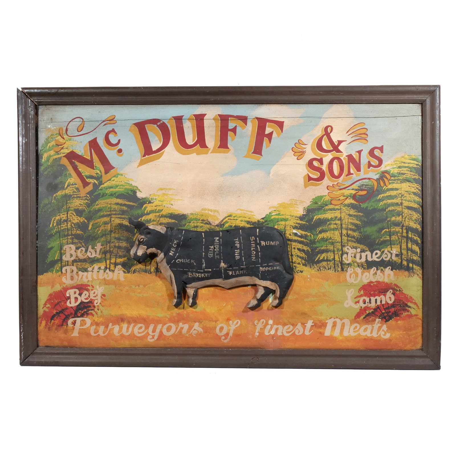 McDUFF & SONS TRADE SIGN: Late 19th / early 20th century, hand-painted English butcher shop sign, oil on panel with applied cow in relief, framed h. 21 w. 33 in. overall: 24 x 36 in. (framed) Provenance: Private collection,