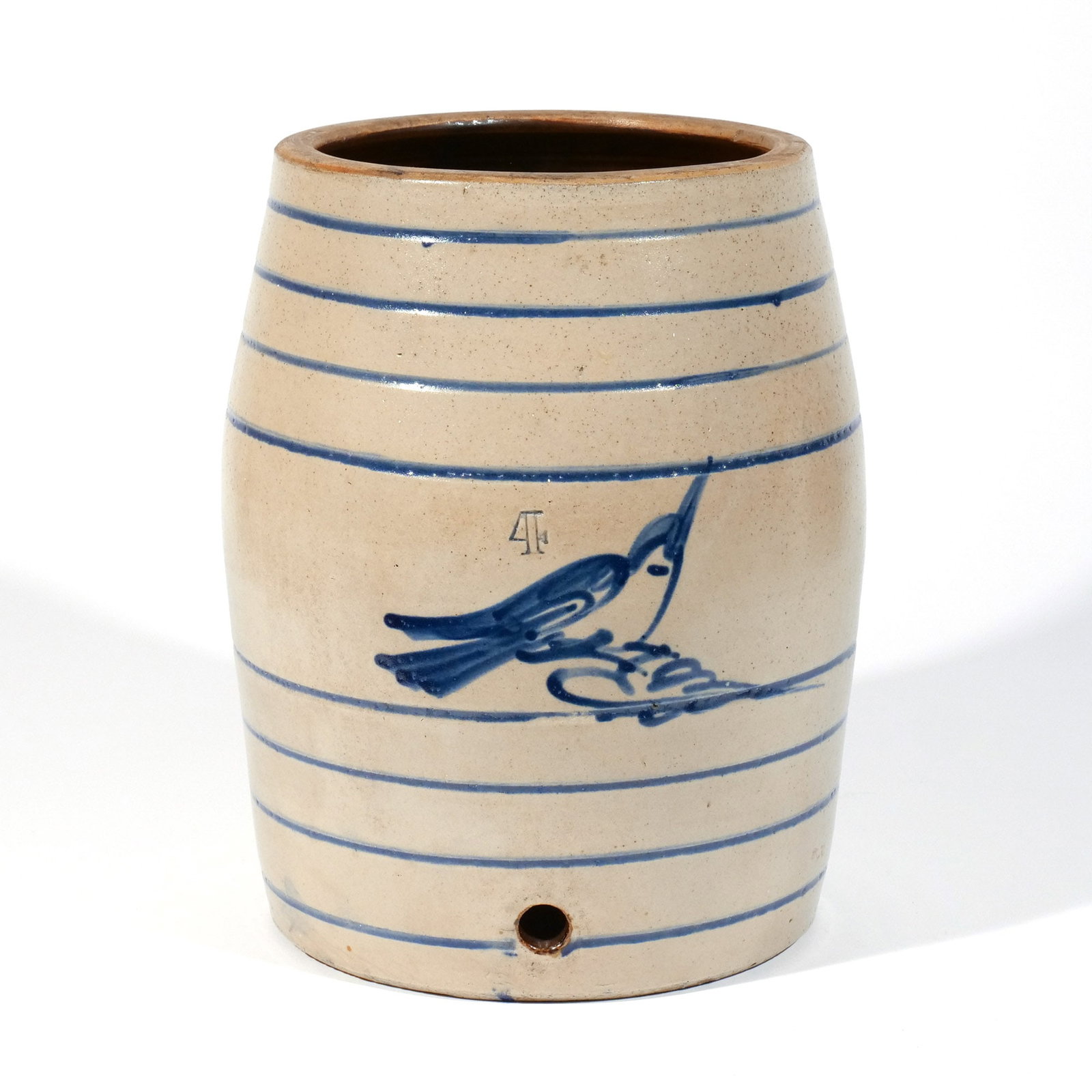 AMERICAN FOUR GALLON STONEWARE 'BIRD' COOLER: 19th century, of barrel form, with a bird painted in cobalt blue, impressed '4' h. 14 w. 12 in. Provenance: Private collection, Bernardsville, NJ [In Situ Item] This item will not be on display in