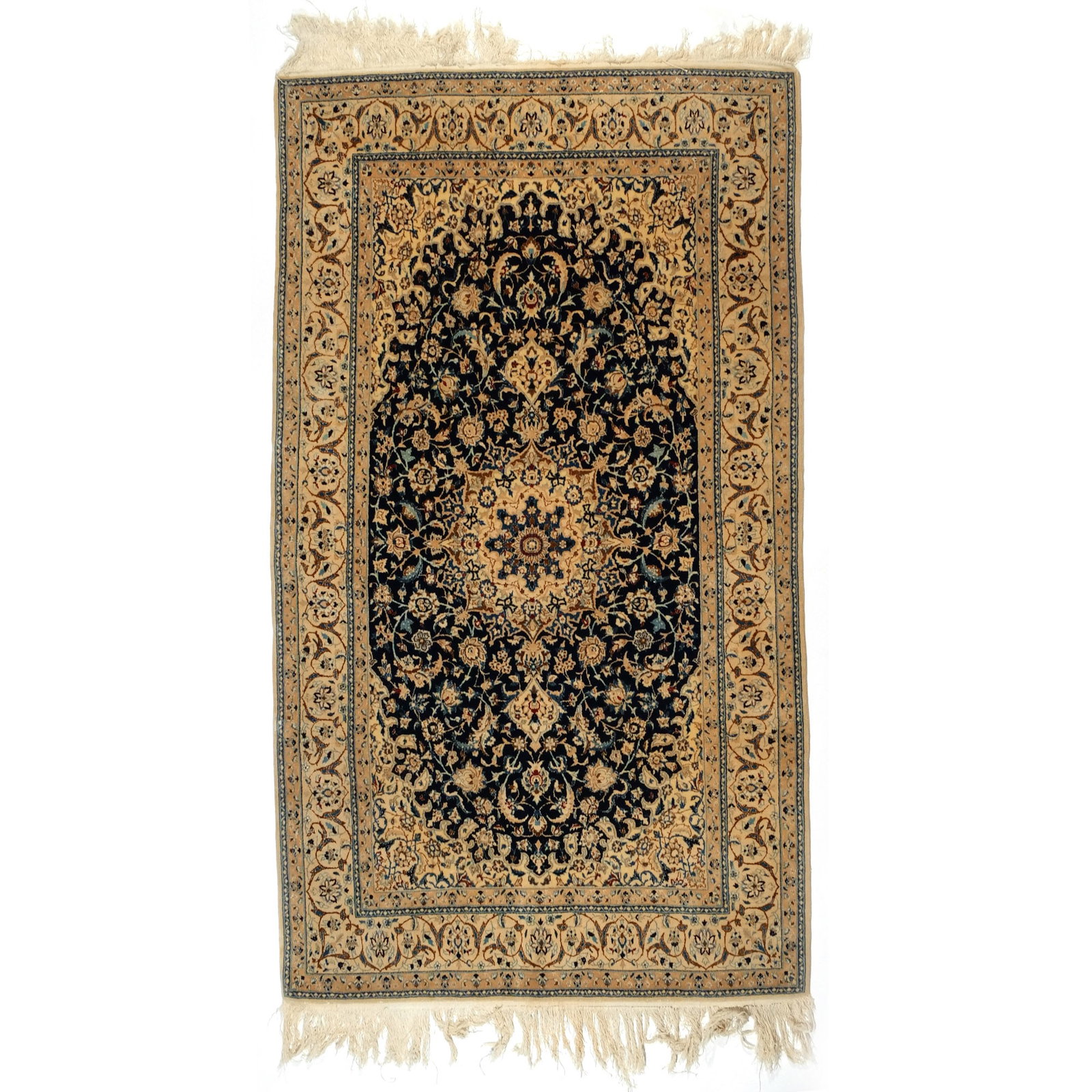 PERSIAN NAIN PART SILK RUG: Featuring a central medallion and intricate floral motifs in navy blue and ivory tones h. 6 ft.-7 in. w. 3 ft.-9 in. Provenance: Descent through the family of prominent Greenwich, CT gentle lady