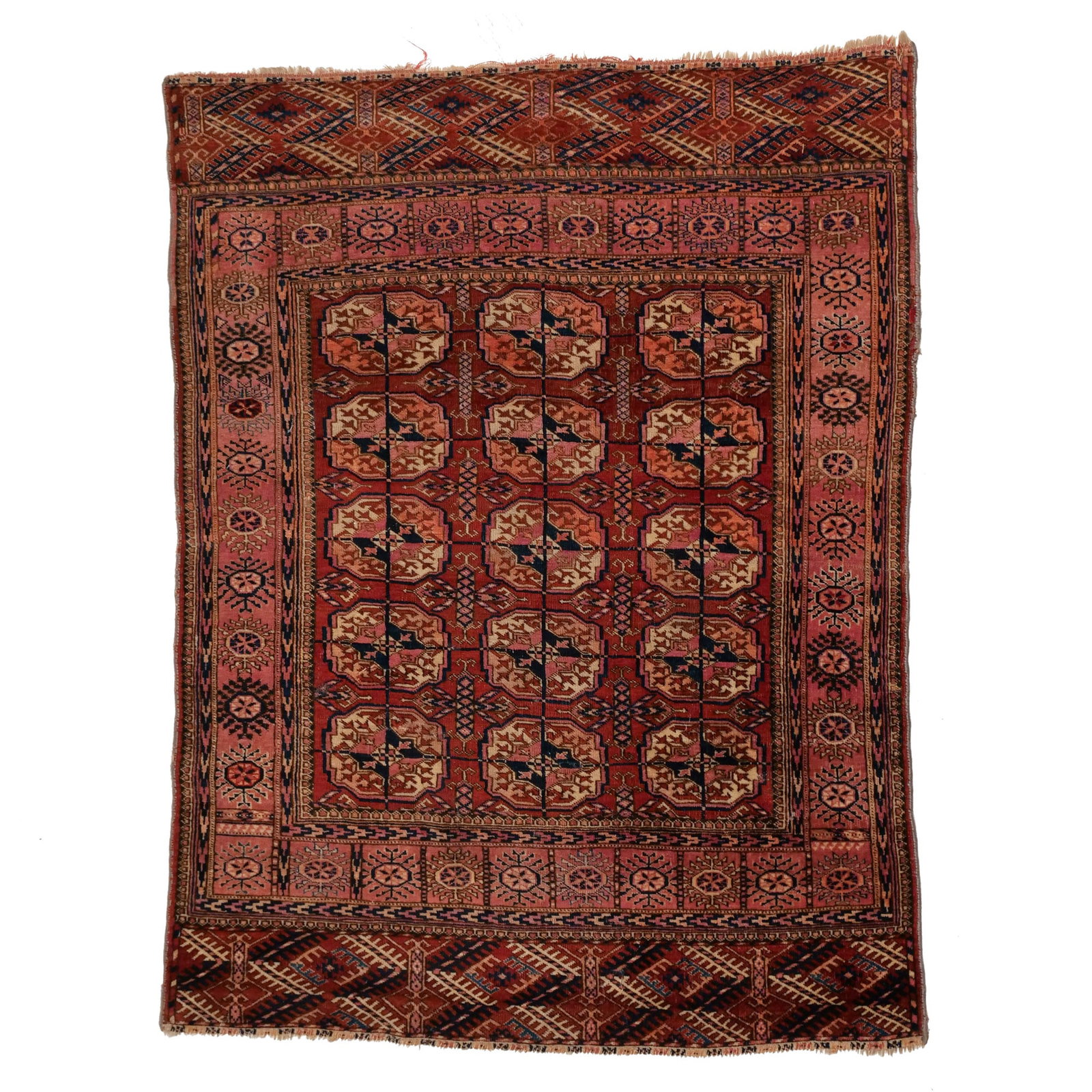 TEKKE RUG: Early 20th century, with three rows of gulls on a red field surrounded by rose pink borders h. 4 ft. 5 in. w. 3 ft. 5 in. Provenance: The estate of Richard and Jean M. Bergstresser, owner of the Laure