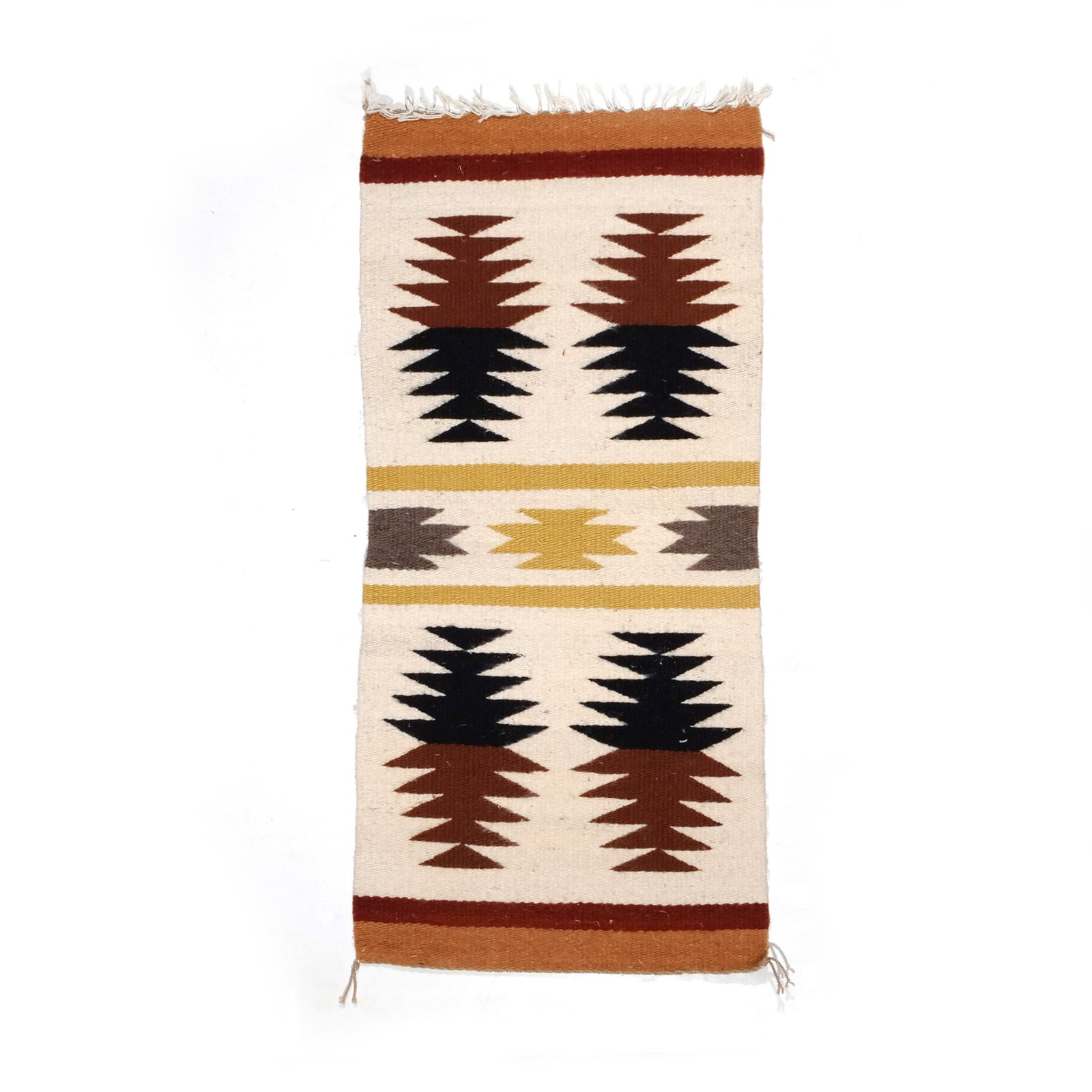 NAVAJO MAT: Circa 1930-50, with four serrated medallions on a white field h. 35 w. 16-1/2 in. Provenance: Descent through the consignor's family