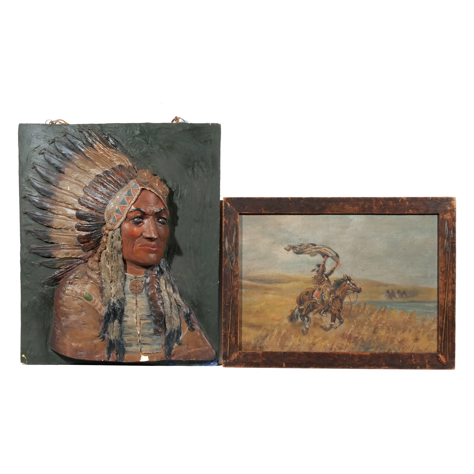 (2pc) NATIVE AMERICAN SUBJECT WALL ART: Including an oil on board titled 'The Signal', no apparent signature, framed (17 x 22-3/4 in. overall); and a painted plaster bas relief of a Native American chief (24 x 20 in.) h. 24 w. 20 in.
