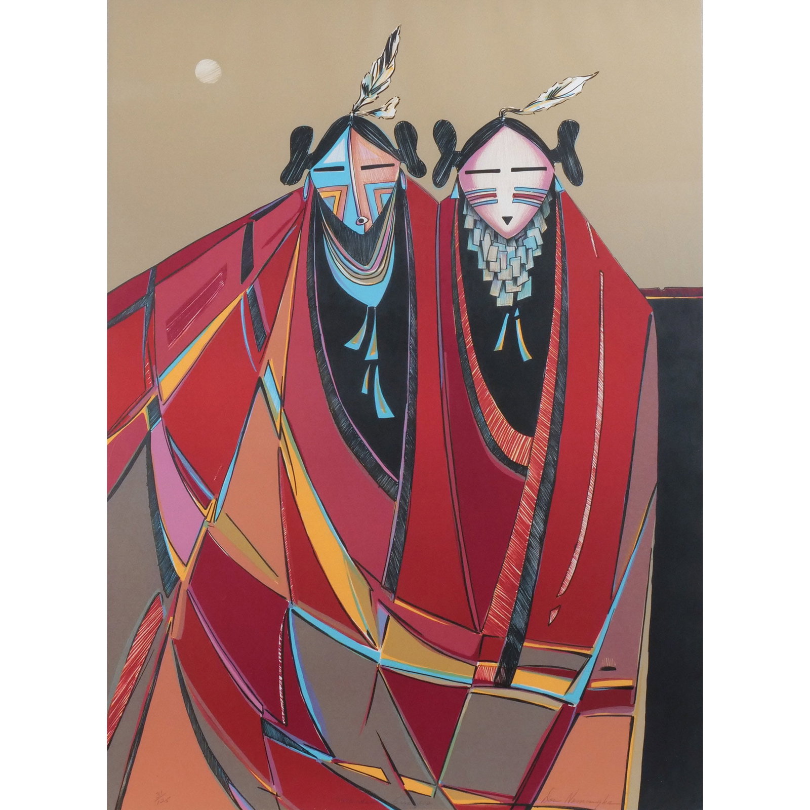 DAN NAMINGHA (Native American, b.1950): Maiden Singers Lithograph h. 30 w. 22 in. Numbered 31/125, c. 1979, signed and titled on print, framed overall: 33-1/4 x 25-1/4 in. Provenance: Private collection, Bernardsville, NJ [In Situ Item]