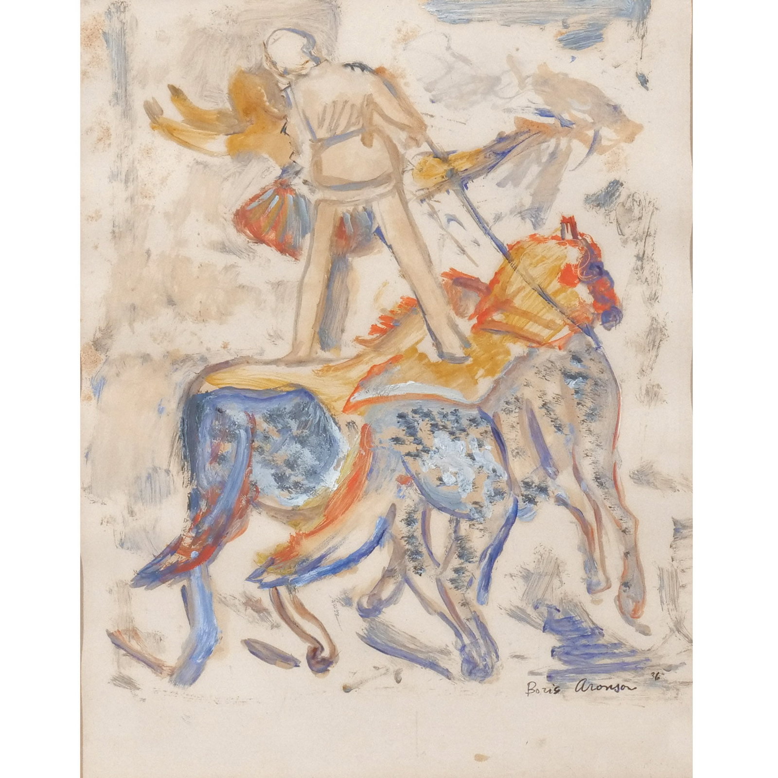 BORIS SOLOMONOVICH ARONSON (1898-1980): Circus performers, 1936 Mixed media on paper h. 9-1/2 w. 7-1/2 in. (sight) Signed and dated '36 lower right, framed overall: 14-1/2 x 12-1/4 in. Provenance: Descent through Pound Ridge, NY family