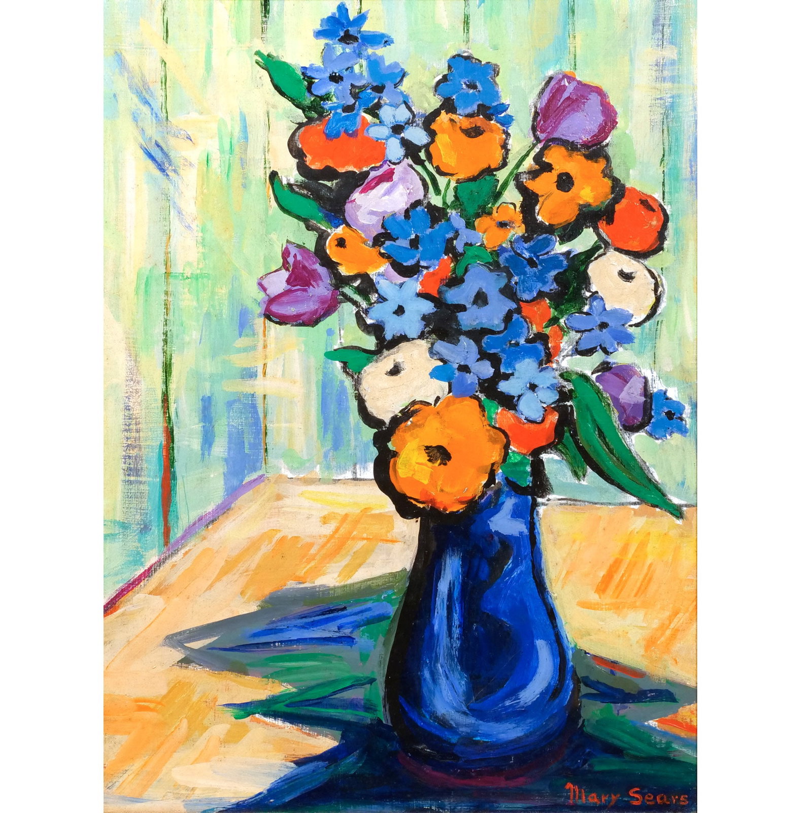 MARY EULA SEARS (1904-1981): Still life with flowers Oil on canvas h. 16 w. 12 in. Signed lower right, framed overall: 21-1/2 x 17-1/2 in. Provenance: The estate of Richard and Jean M. Bergstresser, owner of the Laurence McGuire 