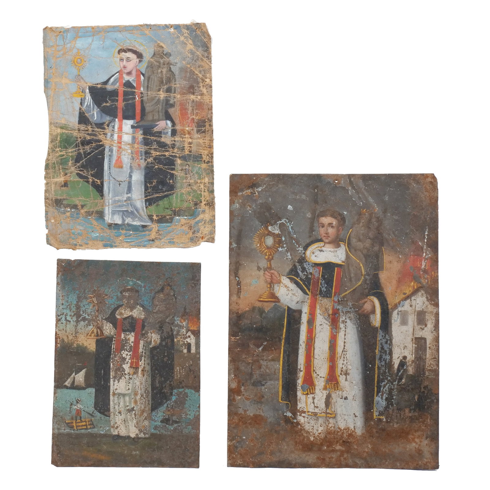 (3pc) MEXICAN COLONIAL RETABLO PAINTINGS: San Jacinto de Polonia (each) Oil on tin (2), Oil on canvas (1) h. 14 w. 10 in. (largest) All 19th century and/or earlier, depicting San Jacinto (Hyacinth), unframed Provenance: Descent through the