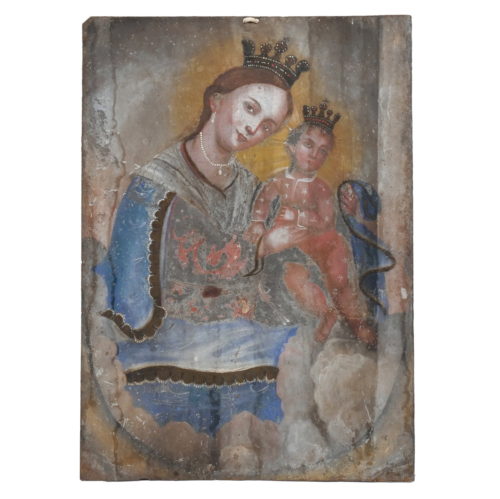 MEXICAN RETABLO PORTRAIT MADONNA & CHILD: Madonna & Child Oil on tin h. 14 w. 10 in. 19th century or earlier Provenance: The estate of noted artist and author Edward Giobbi (1926-2026), Katonah, NY [In Situ Item] This item will not be on disp
