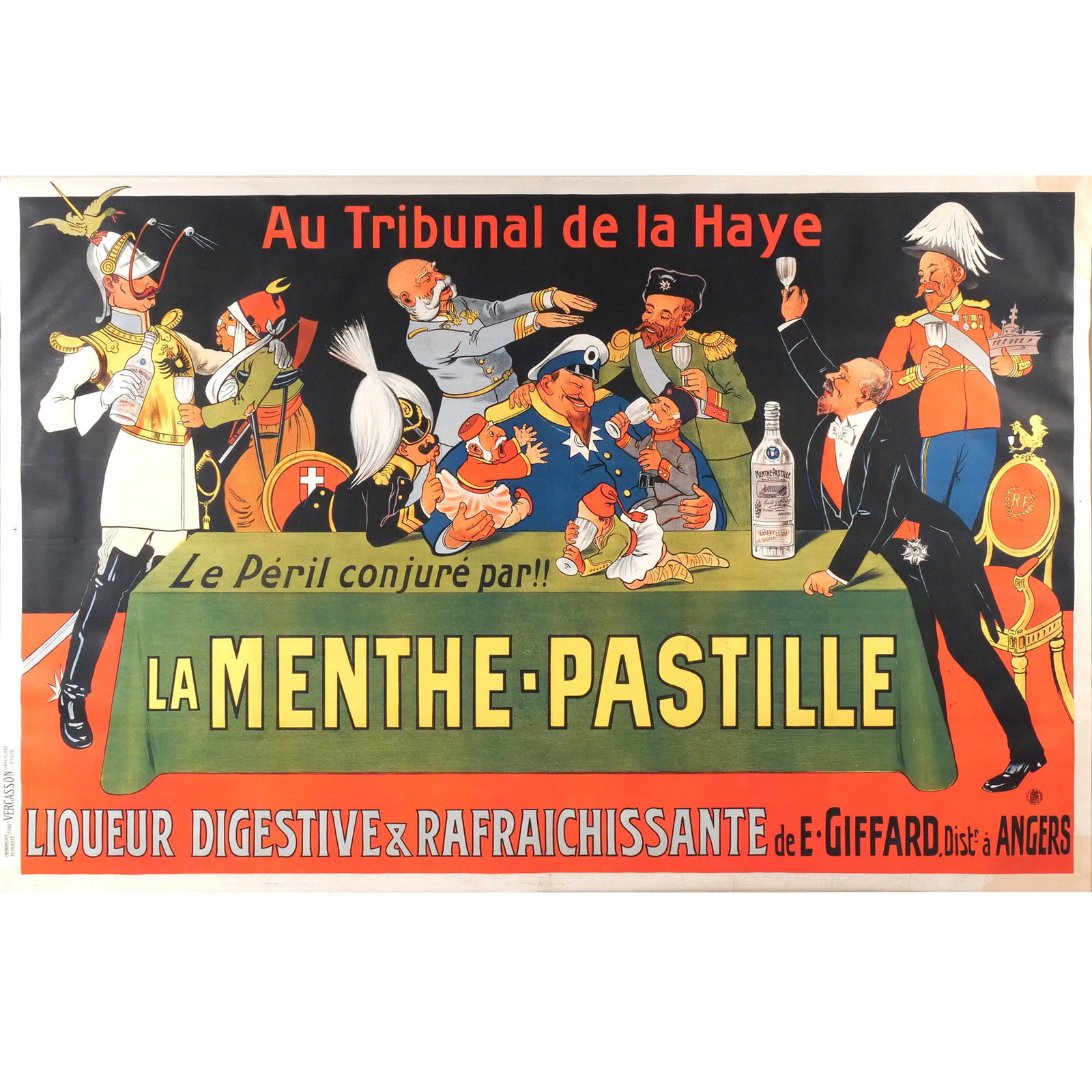 EUGENE OGE LA MENTHE - PASTILLE POSTER: Au Tribunal de la Haye Lithograph h. 53-1/2 w. 81-1/2 in. Early 20th century advertising poster for E. Giffard Distillateur, Angers, Paris:Imprimerie Publicite Etable. Vercasson overall: 64 x 92 in.