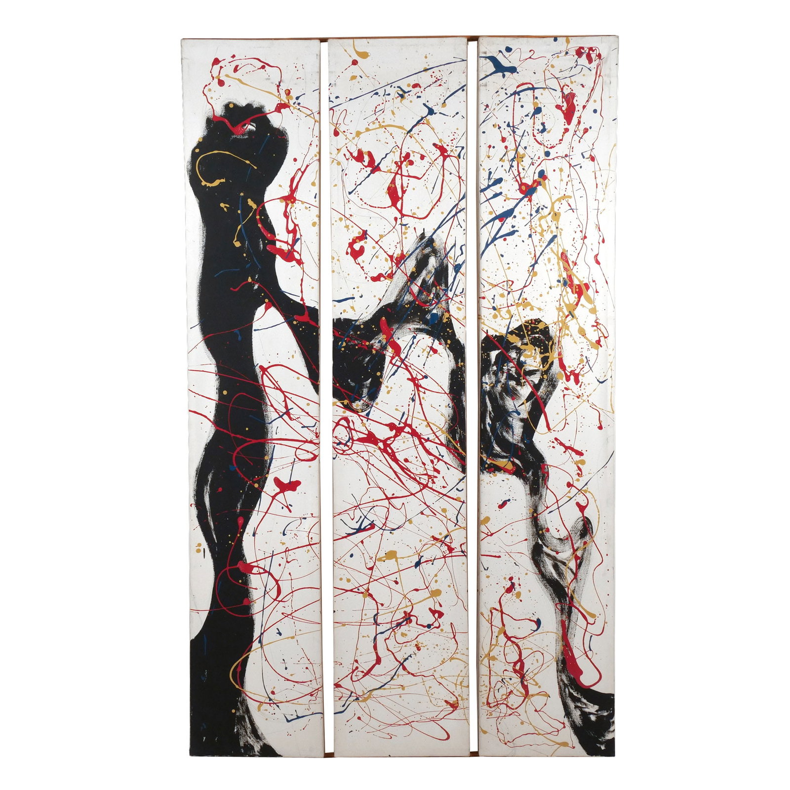 JACKSON POLLACK SCHOOL TRIPTYCH: Jackson Pollack Drip Ptg. Oil on canvas h. 75 w. 14 in. Drip painting on three panels Provenance: Descent through New Haven, CT. family [In Situ Item] This item will not be on display in our saleroom