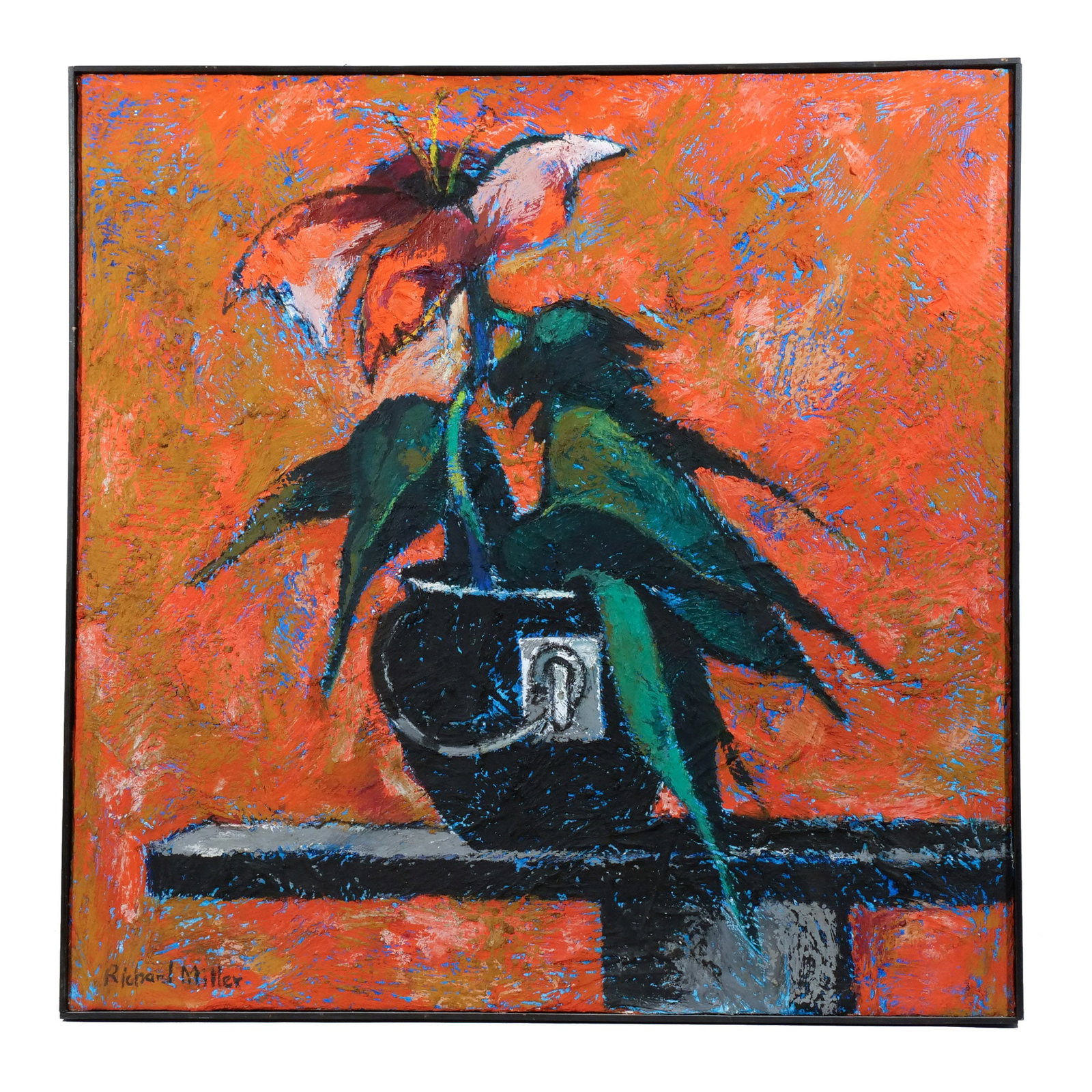 RICHARD KIDWELL MILLER (American, 1930-2014): Table-top floral still-life Oil on canvas h. 34-1/4 w. 34-1/4 in. Signed lower left, framed overall: 34-3/4 x 34-3/4 in. (frame) Provenance: Descended through the family to the current owner,