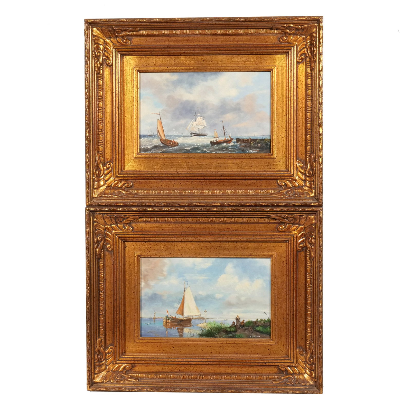 (2pc) ADRIANOS MARIJNISSEN (Dutch, 1899-1978): Pair of Seascapes Oil on board h. 5 w. 8 in. Both signed lower right, framed overall: 11 x 13-1/2 in. (each, framed) Provenance: Descent through the consignor's family [In Situ Item] This item will
